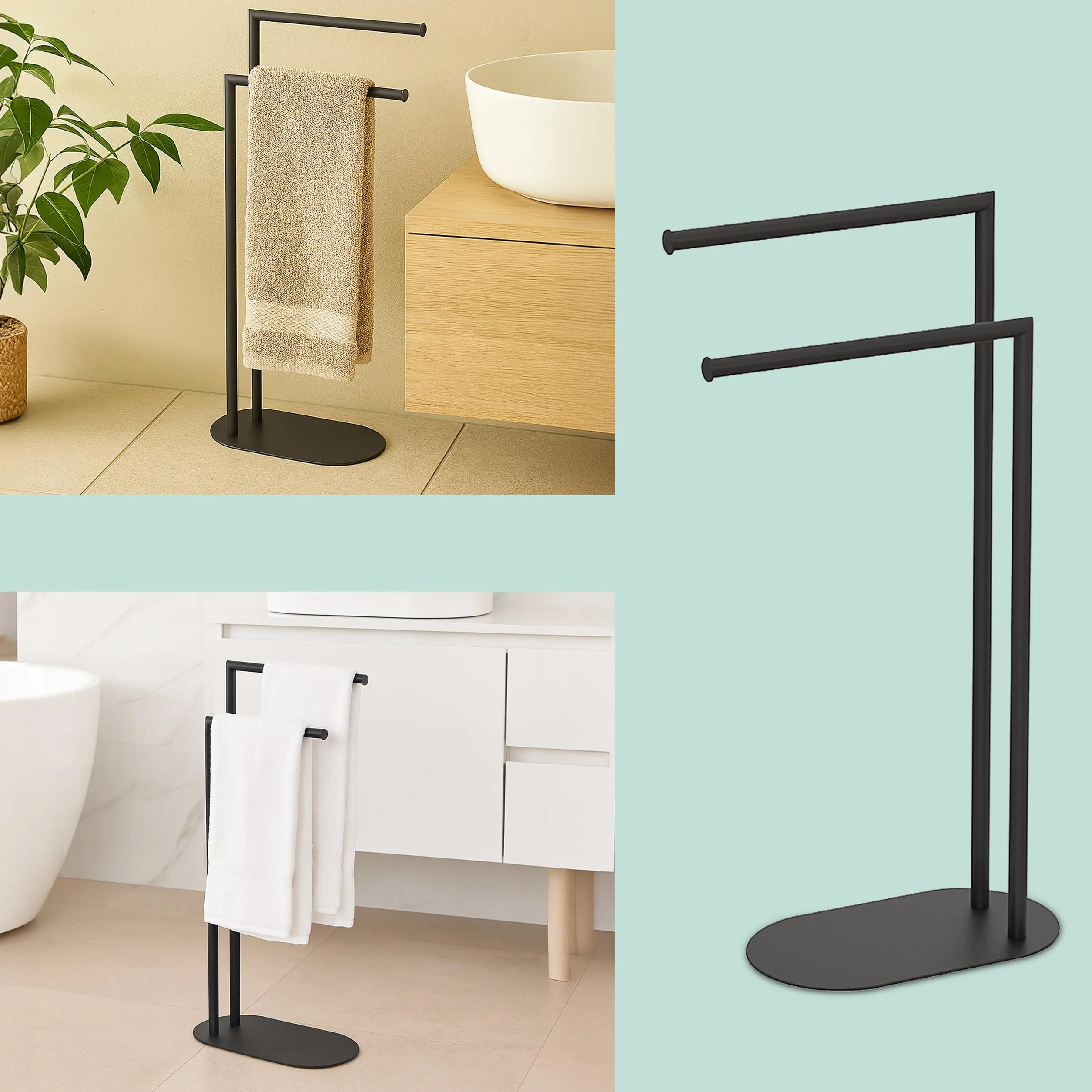 Relaxdays Portasciugamani a 2 Bracci Sfalsati Piantana da Bagno Ferro Bianco 78,5x38,5x17 cm