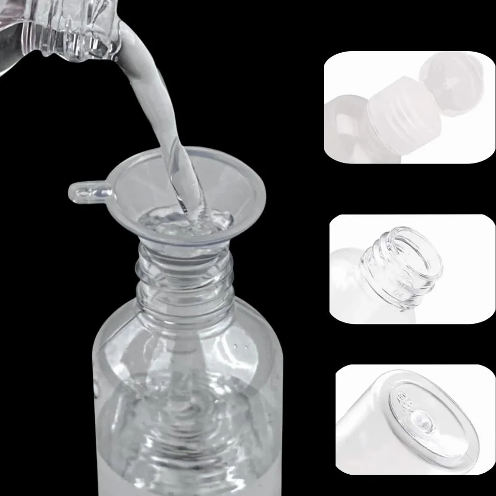 Bottiglie di Viaggio 100 ml,10 flaconi liquidi da riempire con Viaggio Aereo con 4 Imbuti,ContenitoriContenitori di plastica trasparente, bottiglie per cosmetici per Shampoo Lozioni Liquide Creme