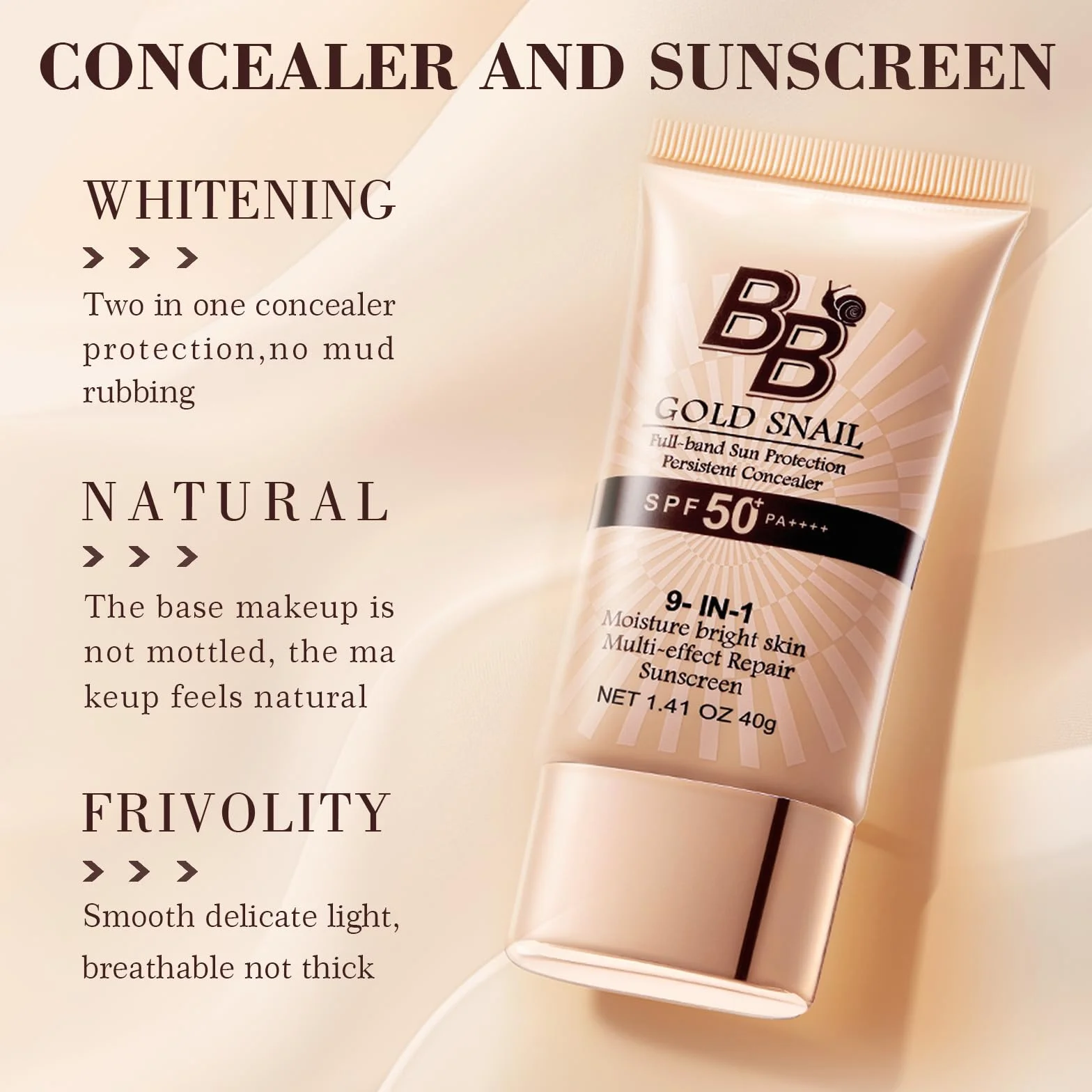BB Cream SPF 50 con Bava di Lumaca 01# Naturale, CC Cream Coprente e Idratante, Crema Colorata Viso Anti-Lucidità, Fondotinta Compatto con Protezione Solare Viso 50, 40g