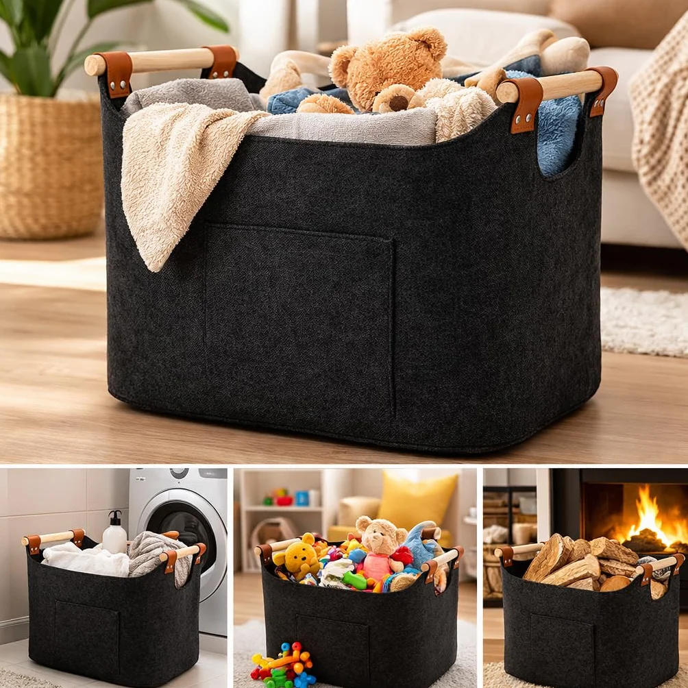 Cesta Portabiancheria XL Feltro Extra Spesso Manici Rinforzati Cesto Pieghevole Multiuso Dark Grey