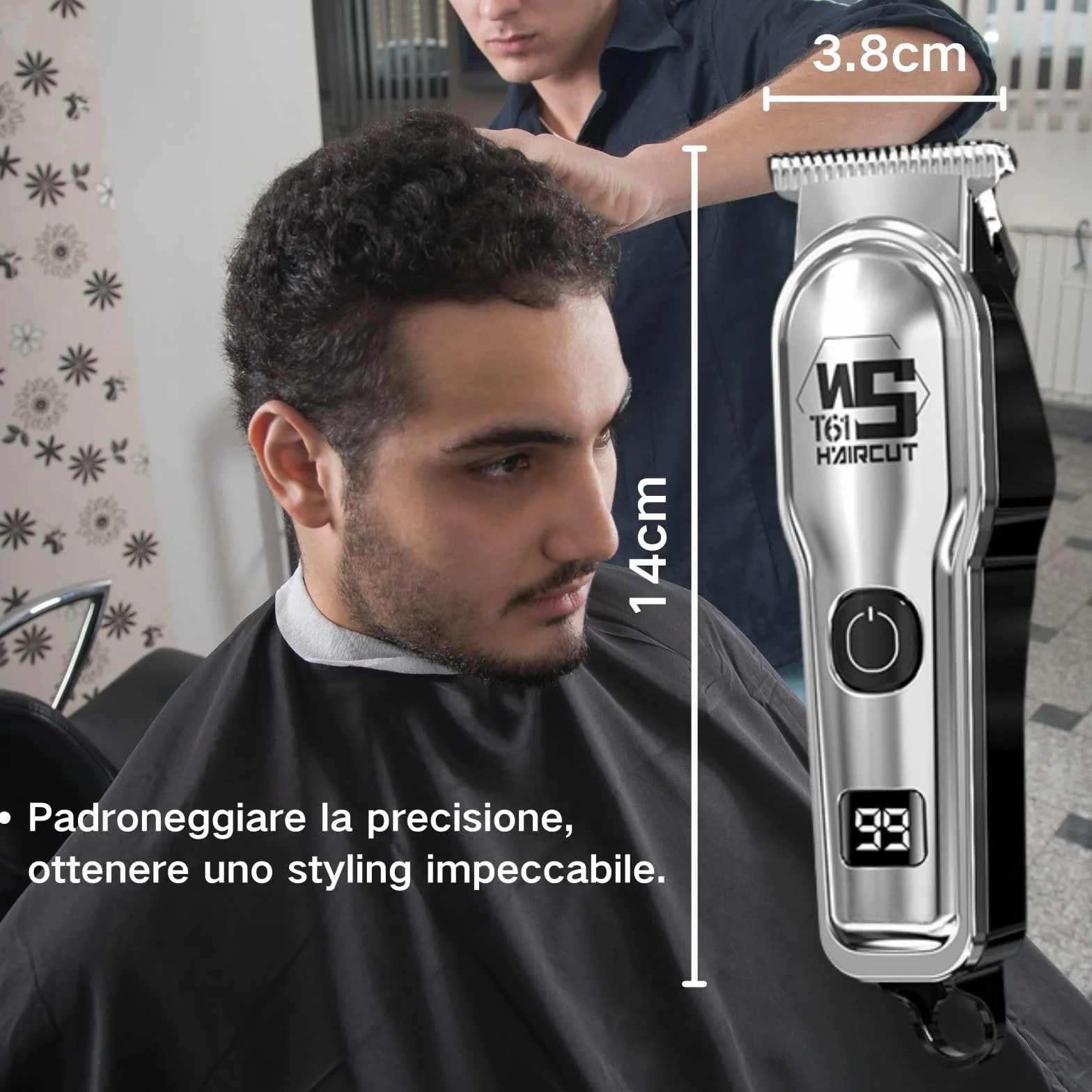 Tagliacapelli Uomo Professionale, Tagliacapelli Senza Fili per Macchinetta per Capelli, Taglio di Precisione, Lame in Titanio, Indicatore Intelligente Della Batteria, Argento