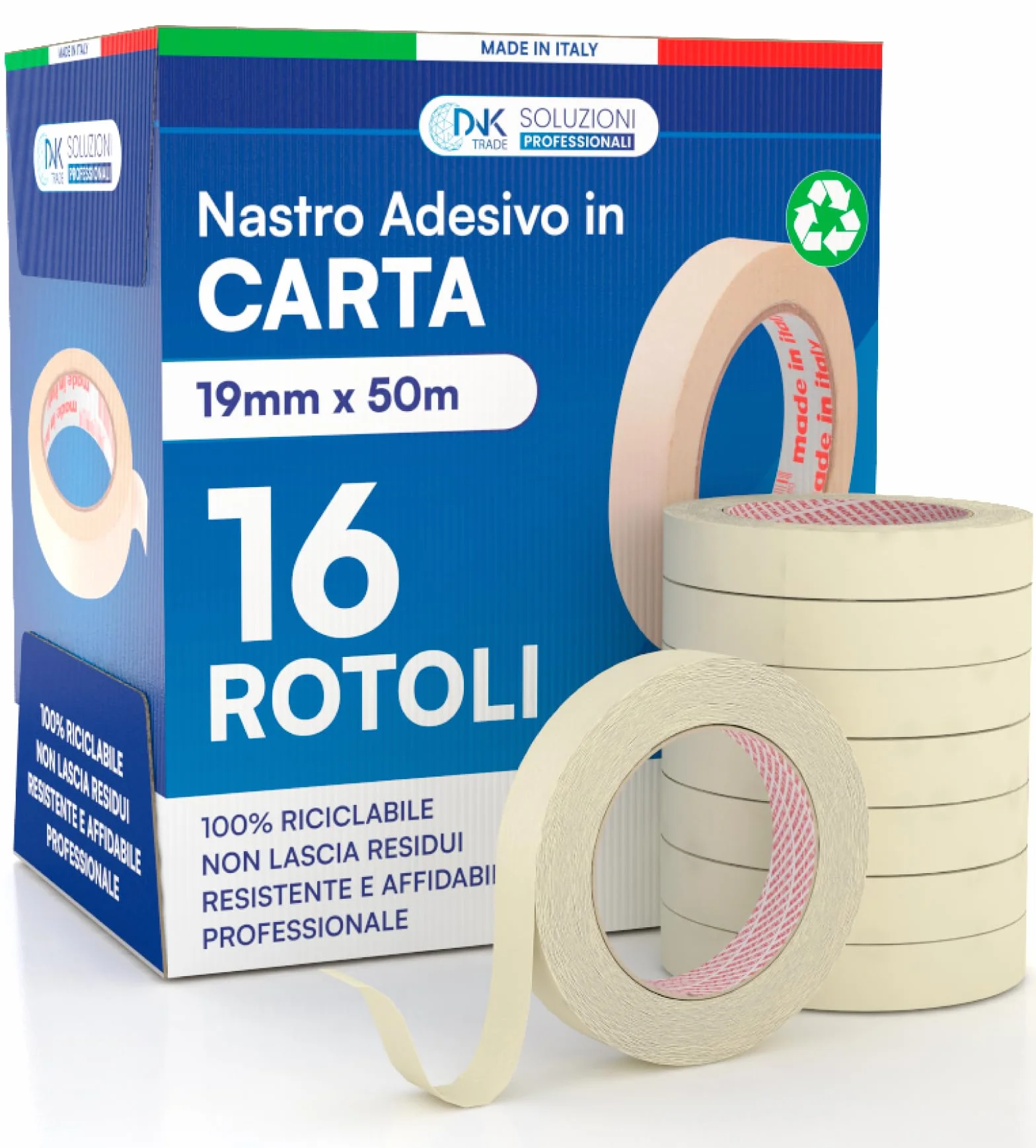 Nastro di Carta 19mm x 50m 16 Rotoli - Carta Gommata Professionale Riciclabile per Mascheratura Pittura