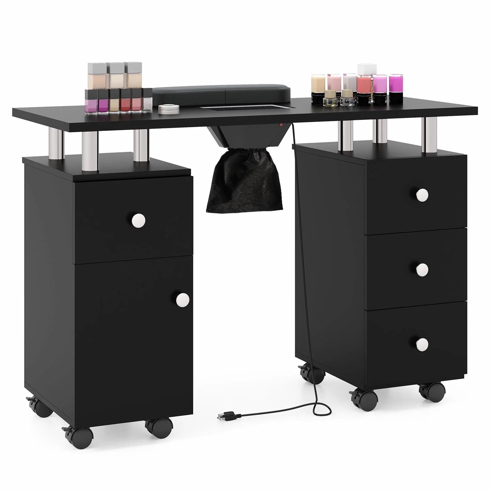 COSTWAY Tavolo Manicure con Aspirapolvere, Tavolo Unghie con Cassetti, Spina, 3 Sacchetti, Armadietto, Cuscino Poggia Polso e 8 Ruote blocabili, Banco Ricostruzione Unghie in Legno (Nero)