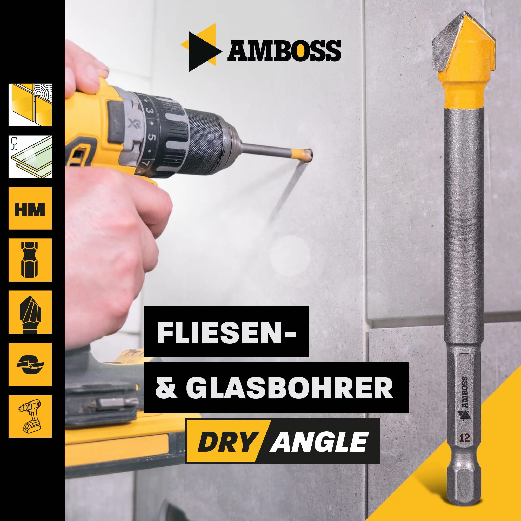 Amboss DryAngle Ø 12mm Punta per piastrelle vetro ceramica - Codolo esagonale