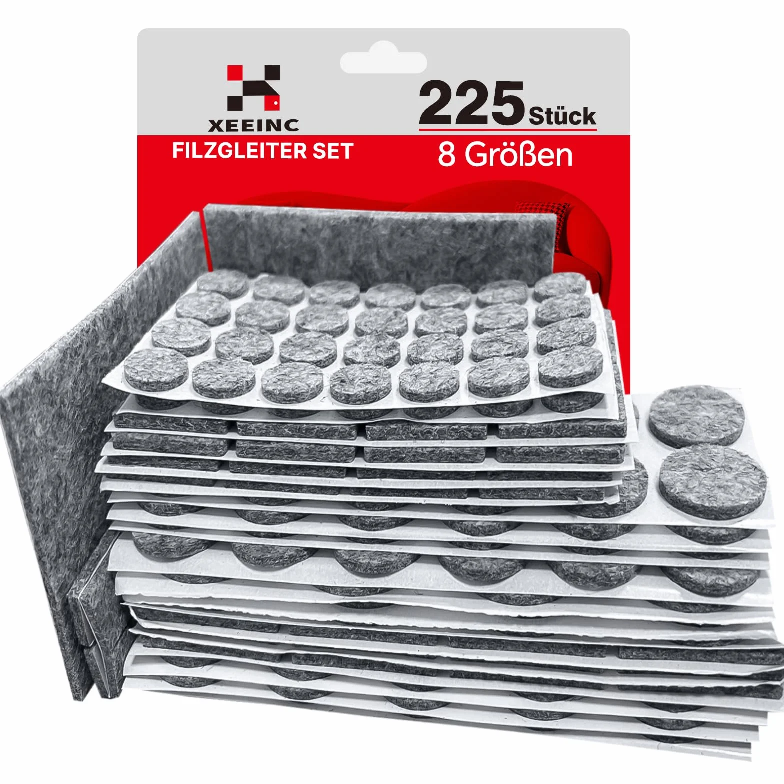 Feltrini Adesivi per Mobili 225 Pezzi, Rotondi Quadrati 3mm, 8 Taglie, Antiscivolo per Sedie Pesanti - Grigio