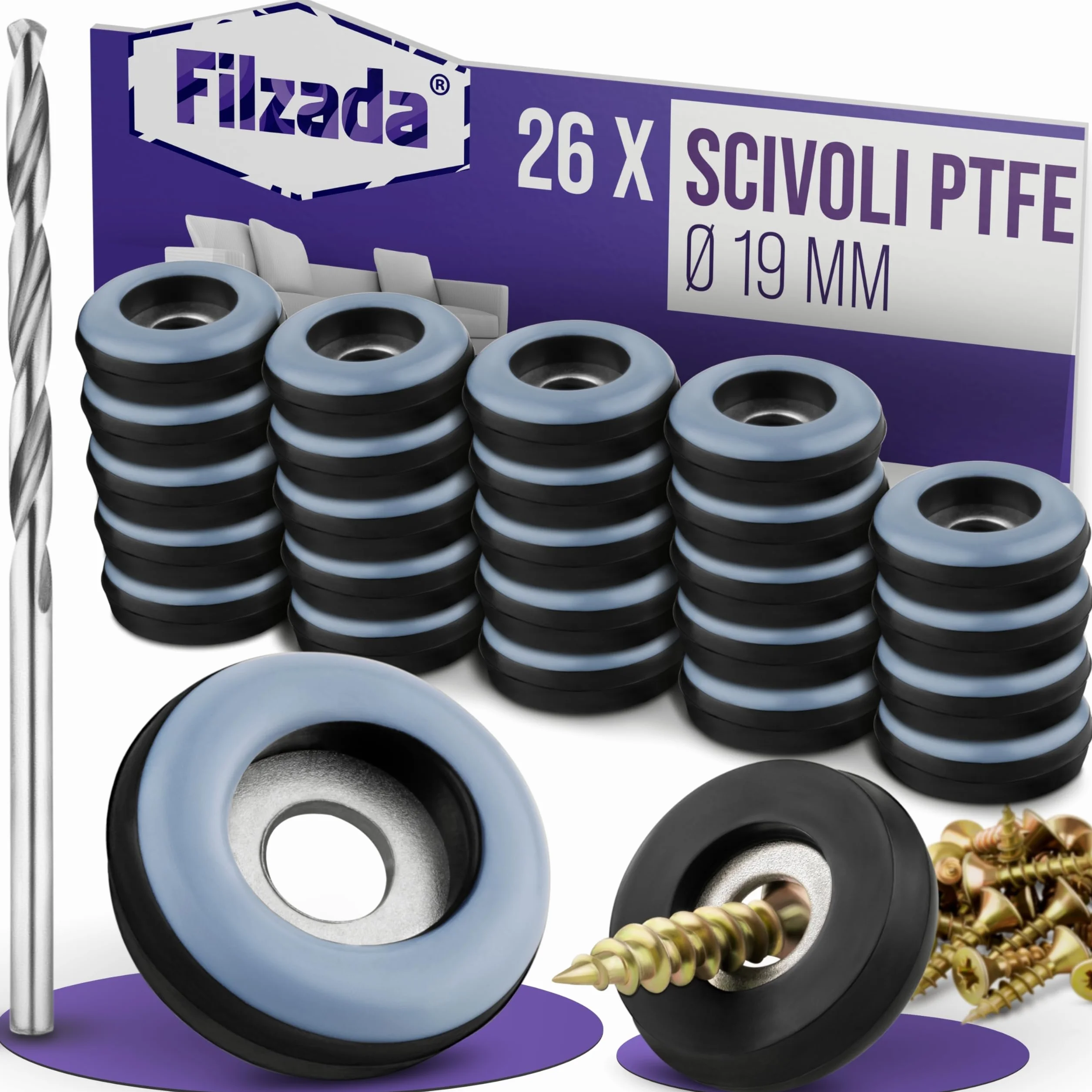 Piedini per Mobili in Teflon Ø 19 mm - Pattini in PTFE con Viti