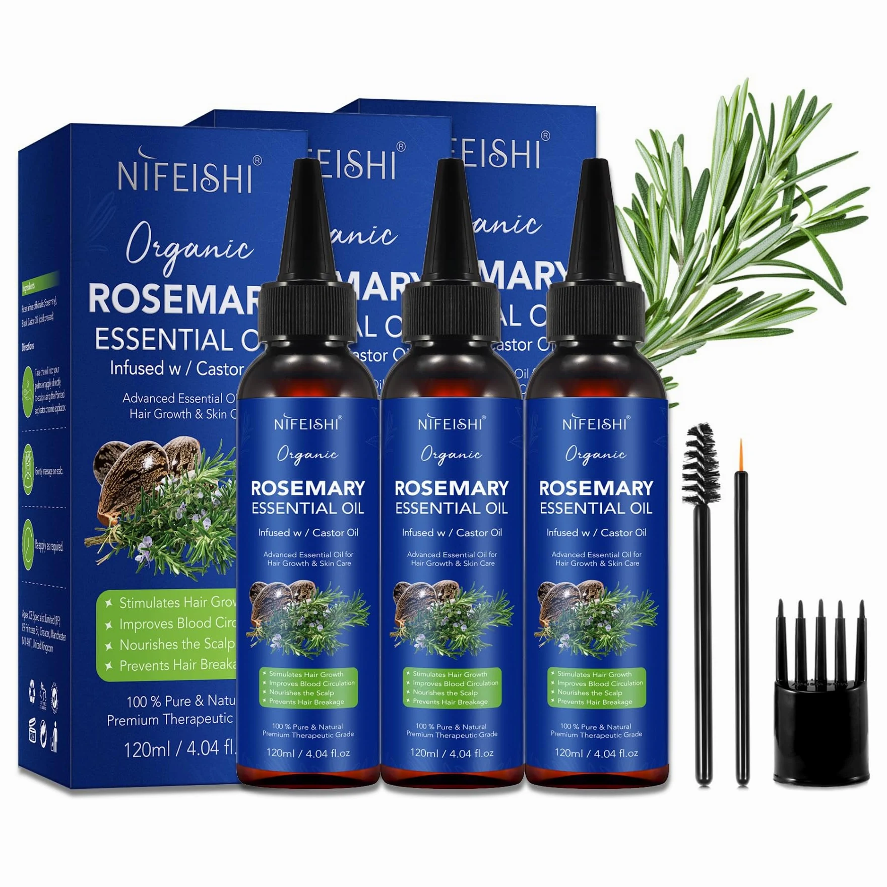 P-Beauty - 3 oli di rosmarino e olio di ricino, per la crescita dei capelli e la cura della pelle, 120 ml, olio essenziale per capelli, pelle e viso, cura del cuoio capelluto, idratante, antiforfora