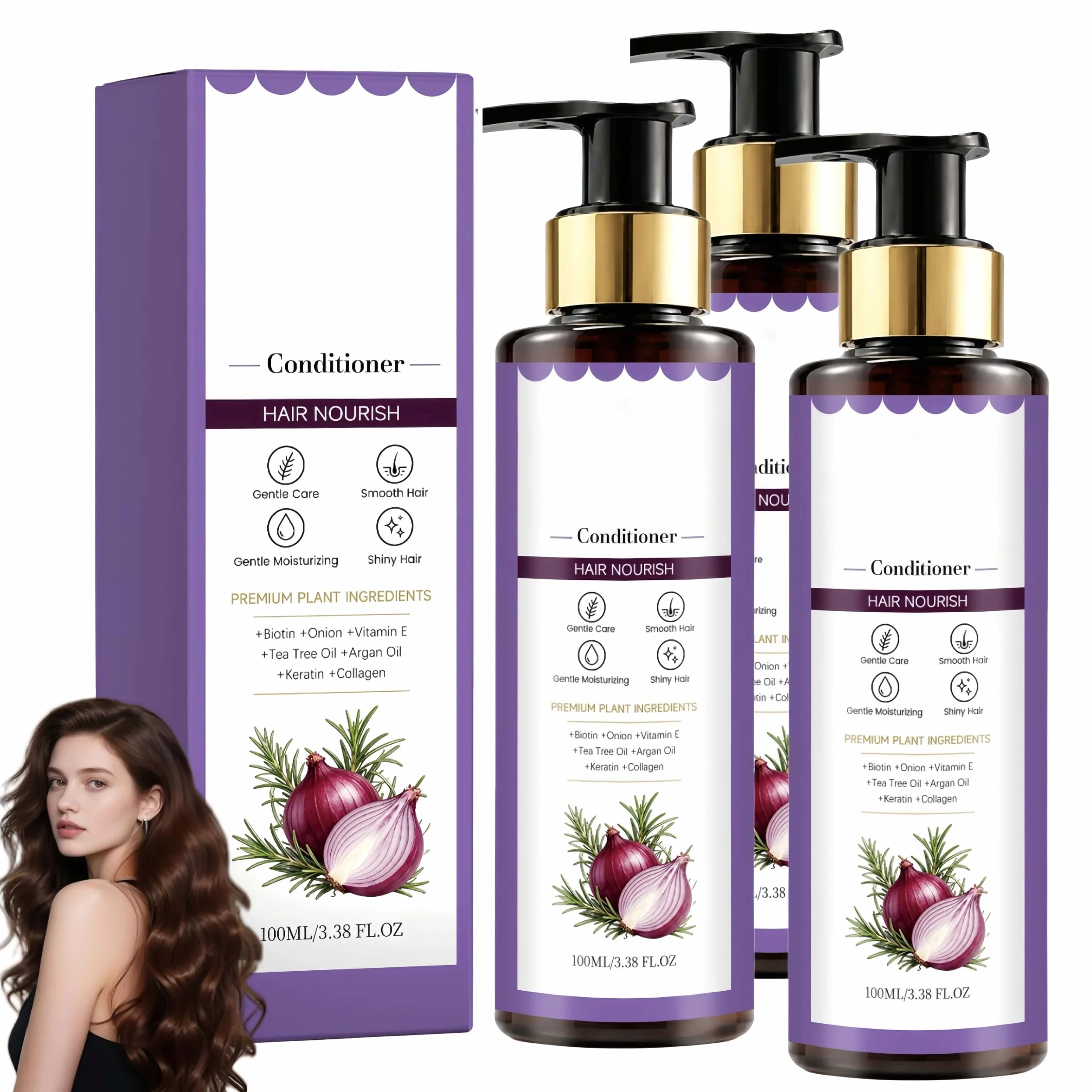 Balsamo per capelli alla cipolla e rosmarino per capelli lisci (3pcs) | Districa nodi ed effetto crespo, delicato per l'uso quotidiano, nutre le ciocche secche, esalta la lucentezza naturale,100 ml