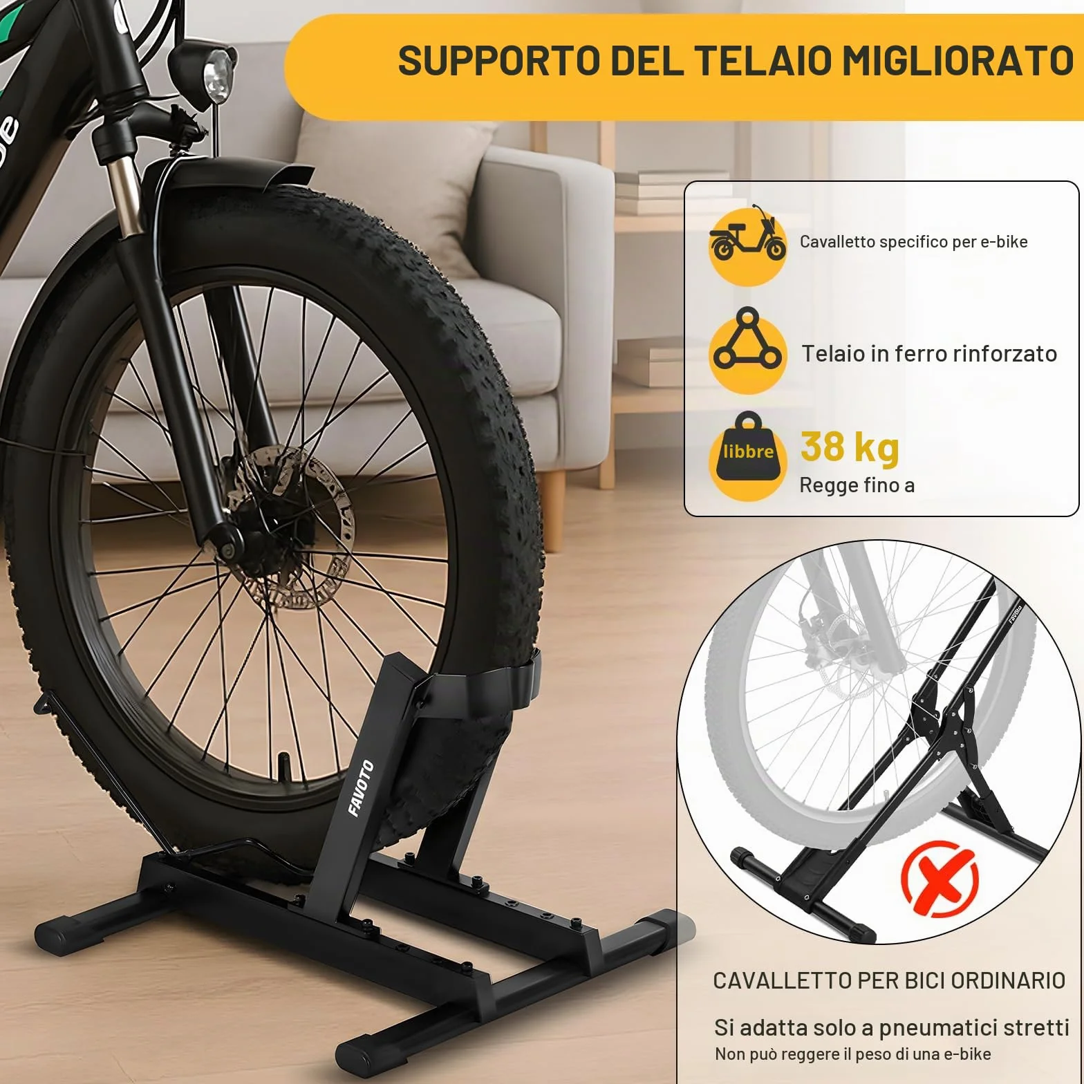 Favoto Cavalletto per E-Bike e Biciclette - Supporto da Pavimento per Bici Elettriche e Tradizionali 20-29 Pollici 38kg Nero