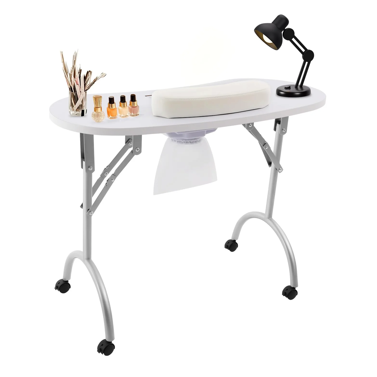 Tavolo per manicure con ventola di aspirazione, MDF e tubo di ferro, pieghevole, 4 ruote freni, cuscino per le mani + sacchetto per la polvere, 90 x 40 x 72,5 cm, bianco, per saloni di manicure e casa