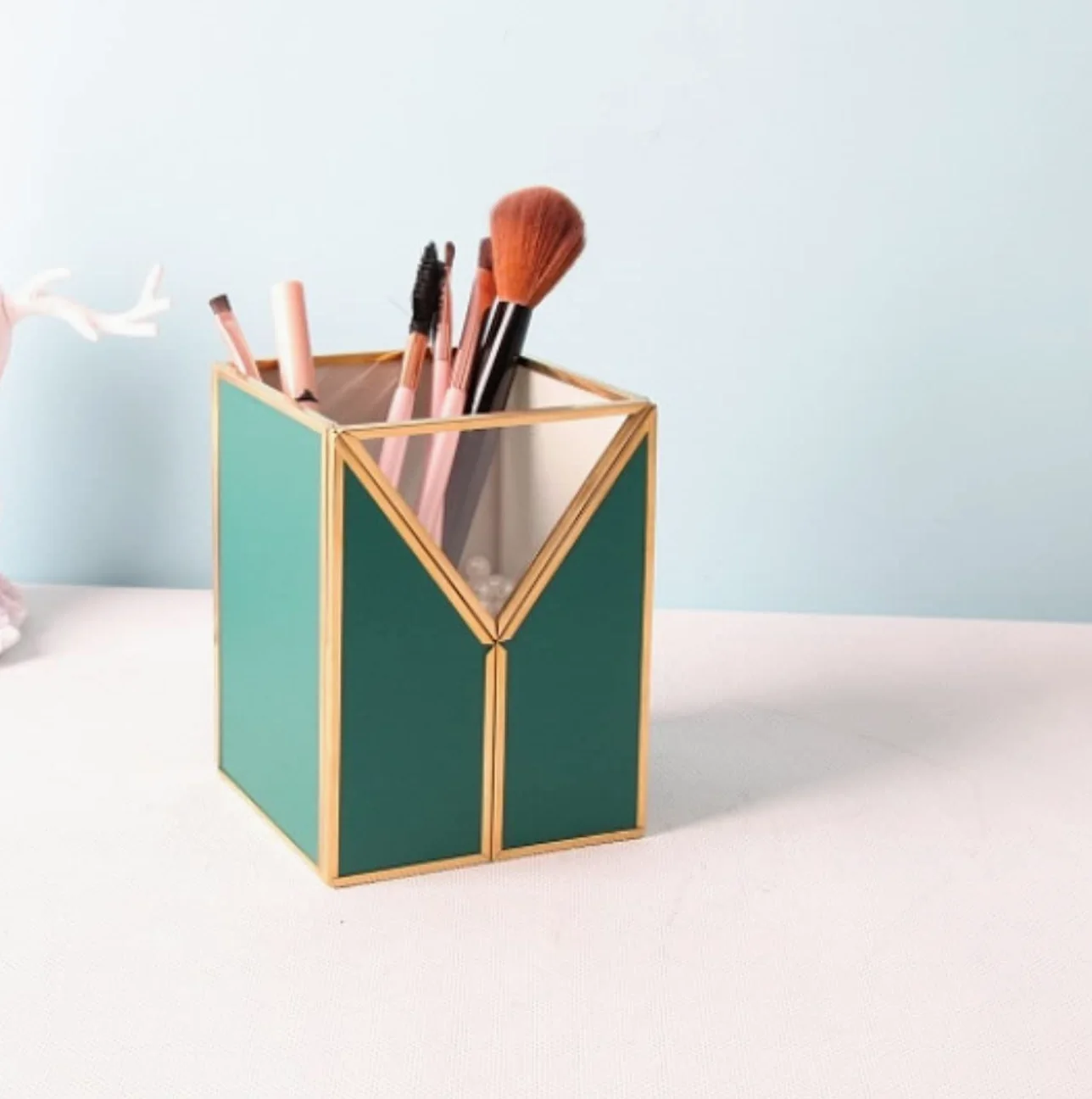 Elegante Organizer Trucchi Cosmetici Scatola Portaoggetti Cosmetica Retrò In Pelle, Vetro, Pennello Per Trucco, Tavolo Da Toeletta, Organizer Per Scrivania Portatrucchi Bagno