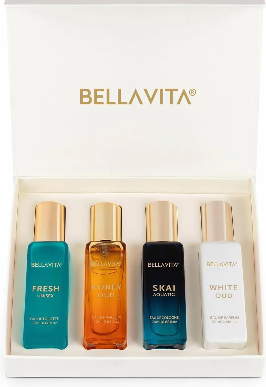 BellaVita Luxury Perfume for Women Cologne Gift Set (4x20ml) | Vanilla Perfumes- Fresh, SKAI, White OUD, Honey OUD | Pheromone Perfume for Women Gift with Perfume Atomiser | Arabian Perfume for Women