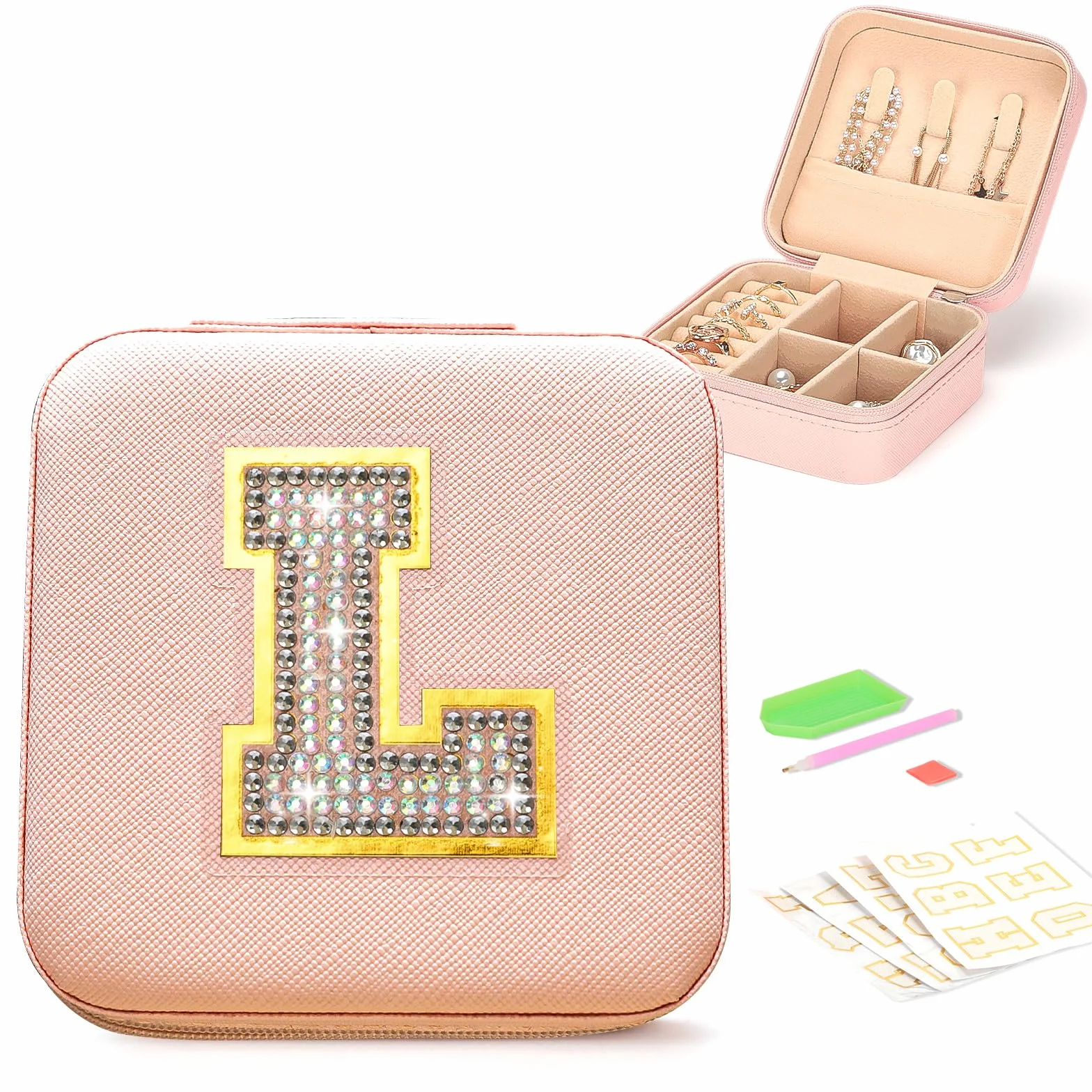 VINATO Portagioielli Personalizzabile con Lettere Diamantate 10x10x5 cm DIY Scatola Porta Gioielli da Viaggio in Pelle PU Rosa