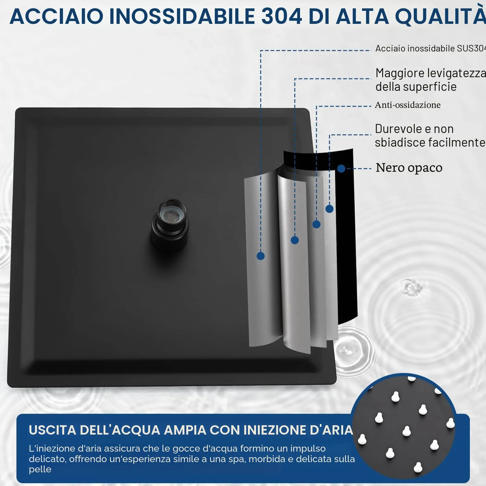 Soffione doccia a pioggia 12 pollici quadrato acciaio inox 304 30x30 cm finitura cromata spazzolata