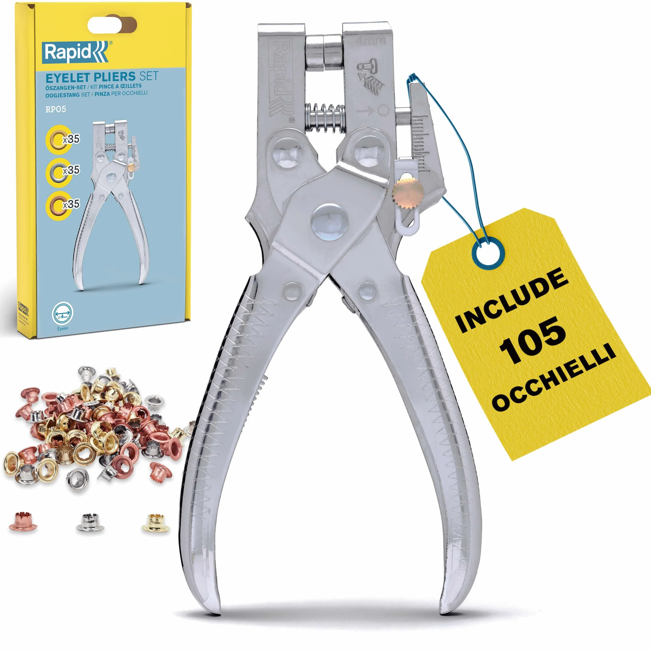 Rapid RP05 Pinza per Occhielli con Perforatore Integrato e 105 Occhielli da 4 mm