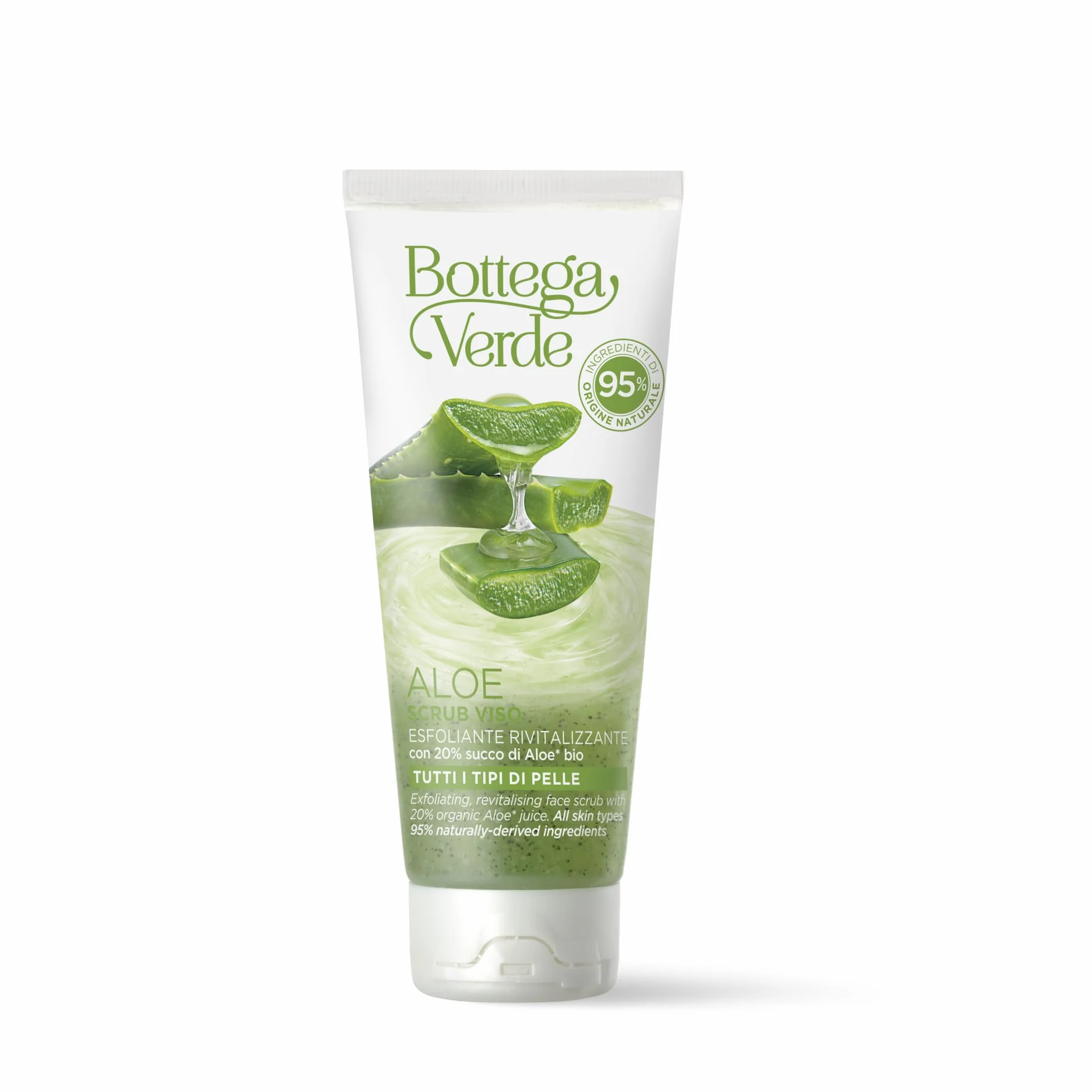 Bottega Verde - Aloe, Scrub Viso, 75 ml, con 20% di Succo di Aloe Bio, Esfoliante Rivitalizzante, per Tutti i Tipi di Pelle