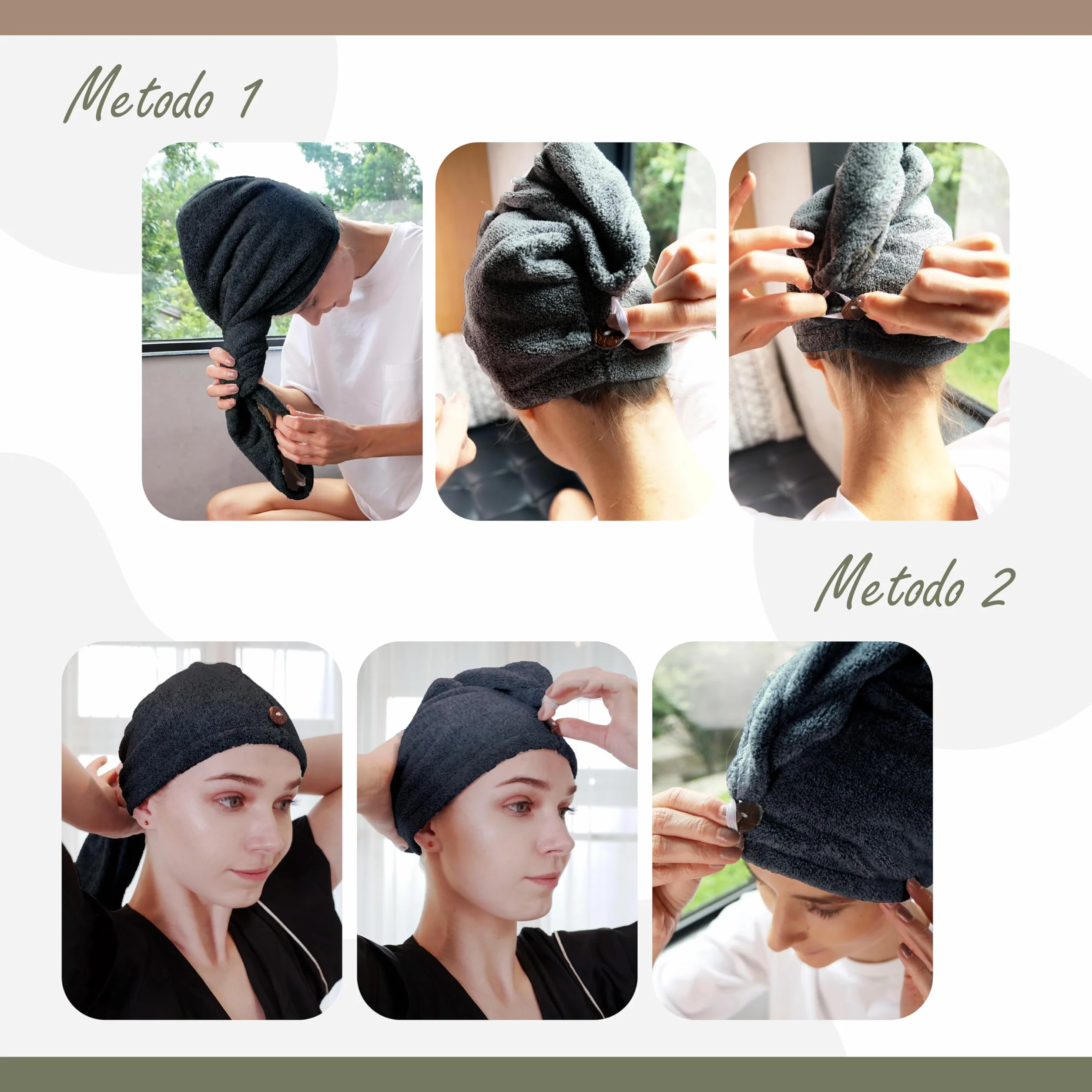 myHomeBody - Asciugamano per capelli con turbante anti-crespo, ad asciugatura rapida, ultra morbido e ad asciugatura rapida, in fibra di bambù assorbente, con pulsante di cocco – Midnight Blue