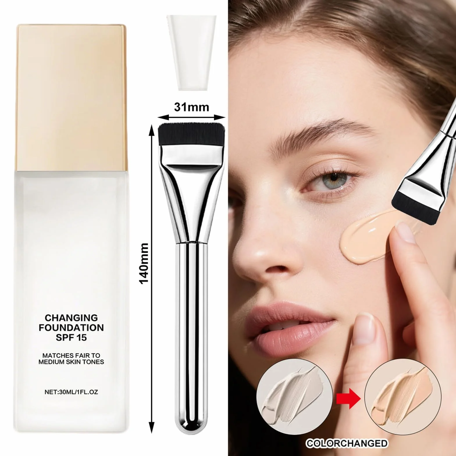 2026 Nuovo Mira Glow Fondotinta Pelli Mature SPF15 Fondotinta Adattivo Fondotinta Cambia Colore con Pennello Fondotinta Coprenza Naturale Texture Idratante Trucco a Lunga Tenuta 1 Pezzi