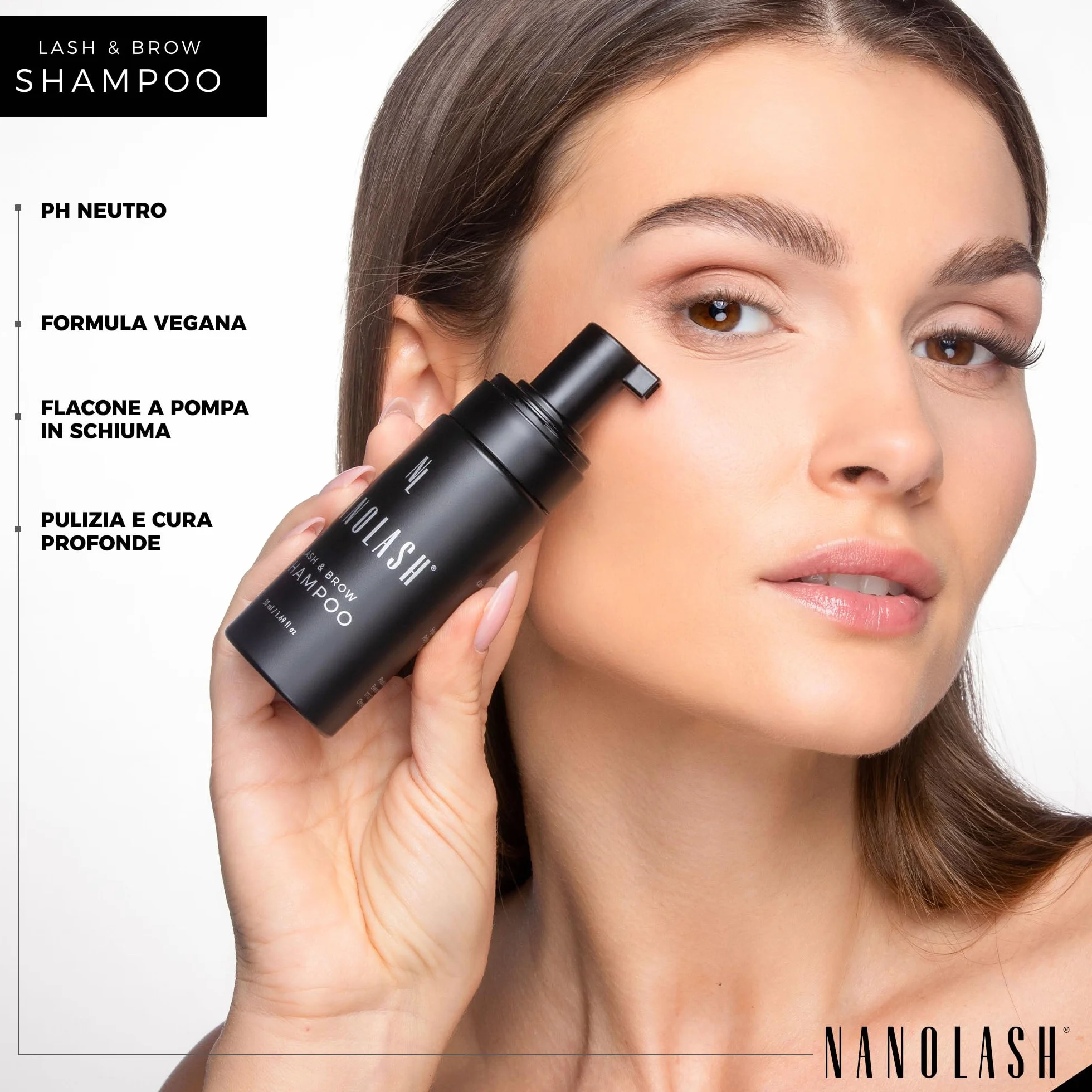 Shampoo per ciglia e sopracciglia Nanolash 50 ml - shampoo detergente per ciglia e sopracciglia, schiuma lavante ciglia e sopracciglia, shampoo extension ciglia