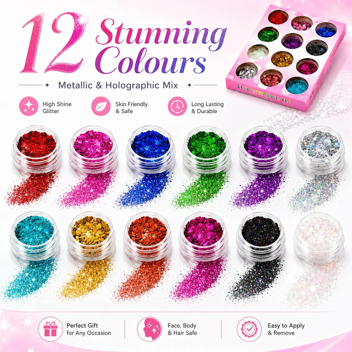 Paillette Brillanti per Viso 12 Colori, Paillette Cosmetiche Multicolori per Occhi, Capelli, Corpo, Unghie, Decorazioni per Feste e Creazioni Artistiche Fai da Te