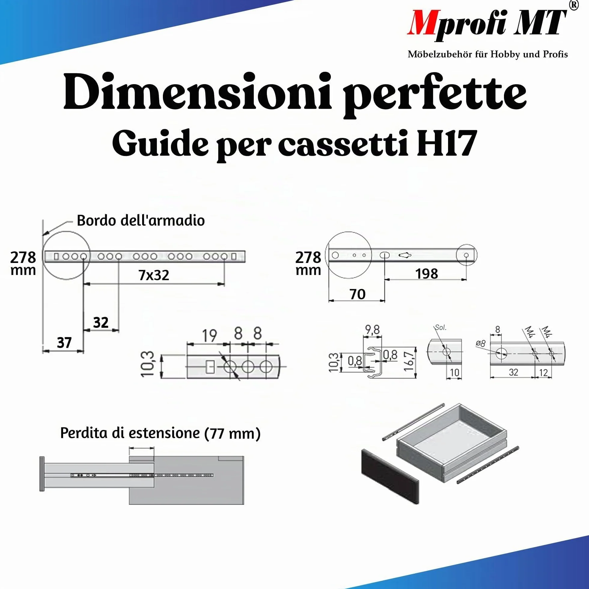 Guide per Cassetti 17mm x 278mm Estrazione Parziale Telescopica a Sfere 2 Pezzi