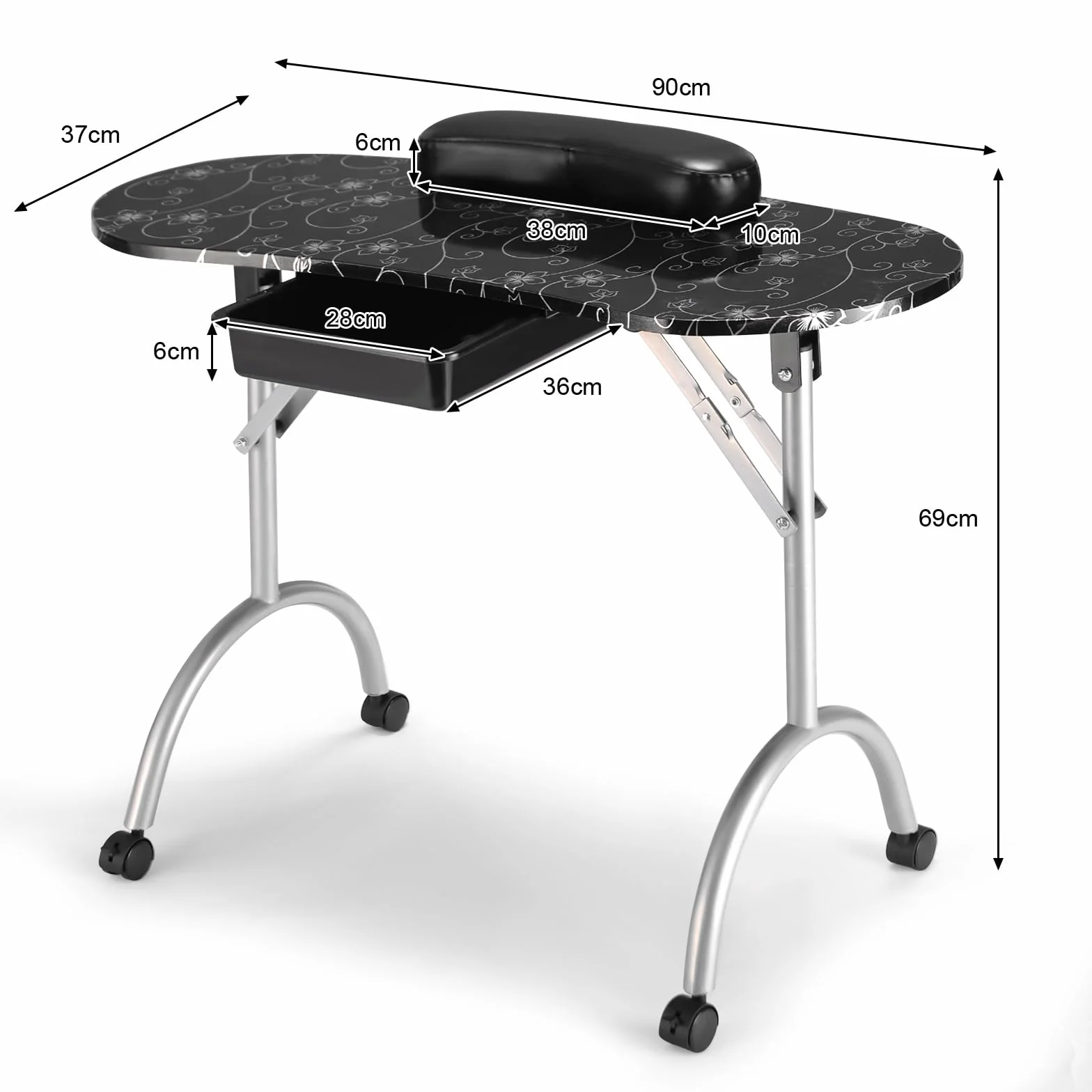 COSTWAY Tavolo per Manicure, Tavolo per Unghie Pieghevole per Estetista con Ruote, Cassetto e Cuscino Poggiapolsi (Nero)