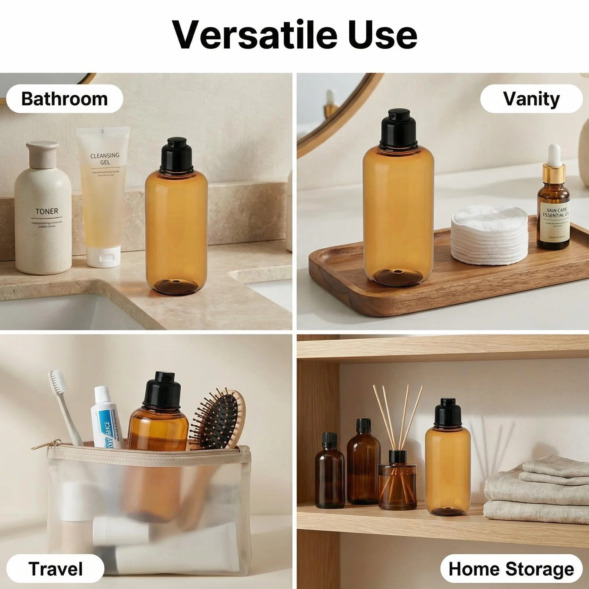 VASANA 200 ml di ricarica vuota in plastica da spremere con tappo nero per trucco, oli essenziali, shampoo, gel doccia liquido per il corpo e sapone fai da te, confezione da 2 (ambra) 300ml Ambra