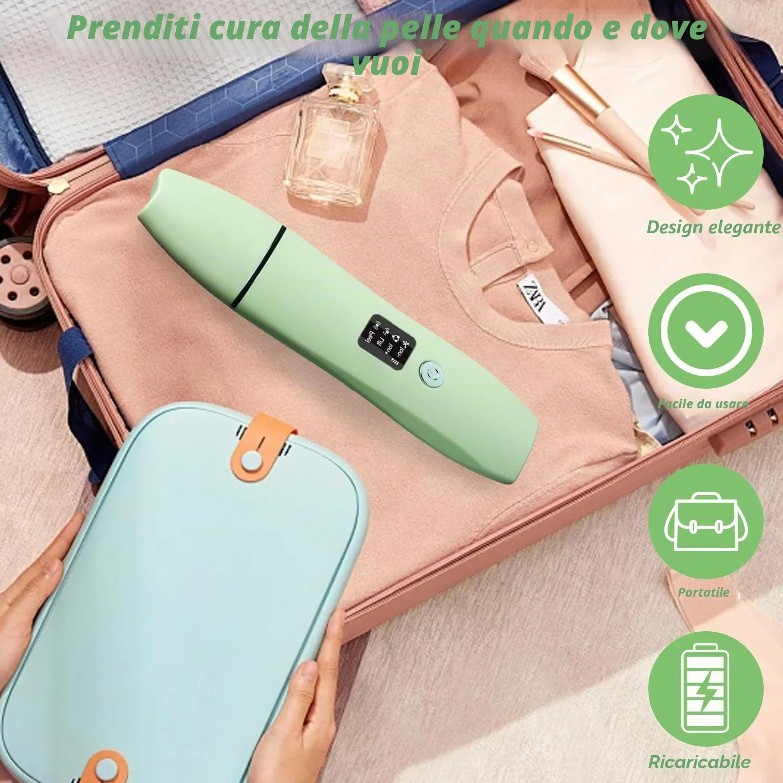 Skin Scrubber - Dispositivo esfoliante ad ultrasuoni, Face Skin Spatula, ricarica TypeC, detergente per pori (verde)