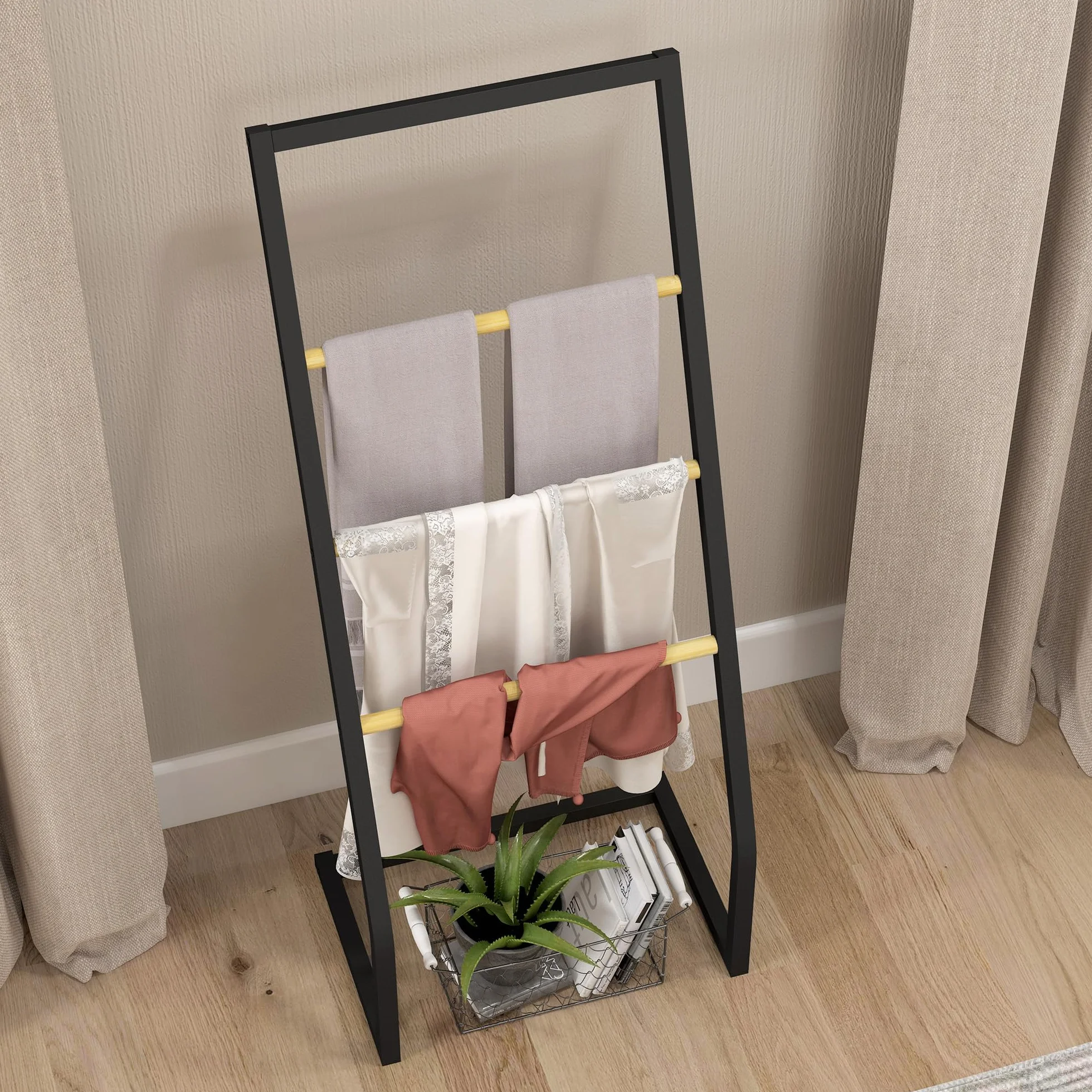 HOMCOM Portasciugamani a 4 Livelli in Acciaio e Bambù, 40.5x28x98 cm, Nero