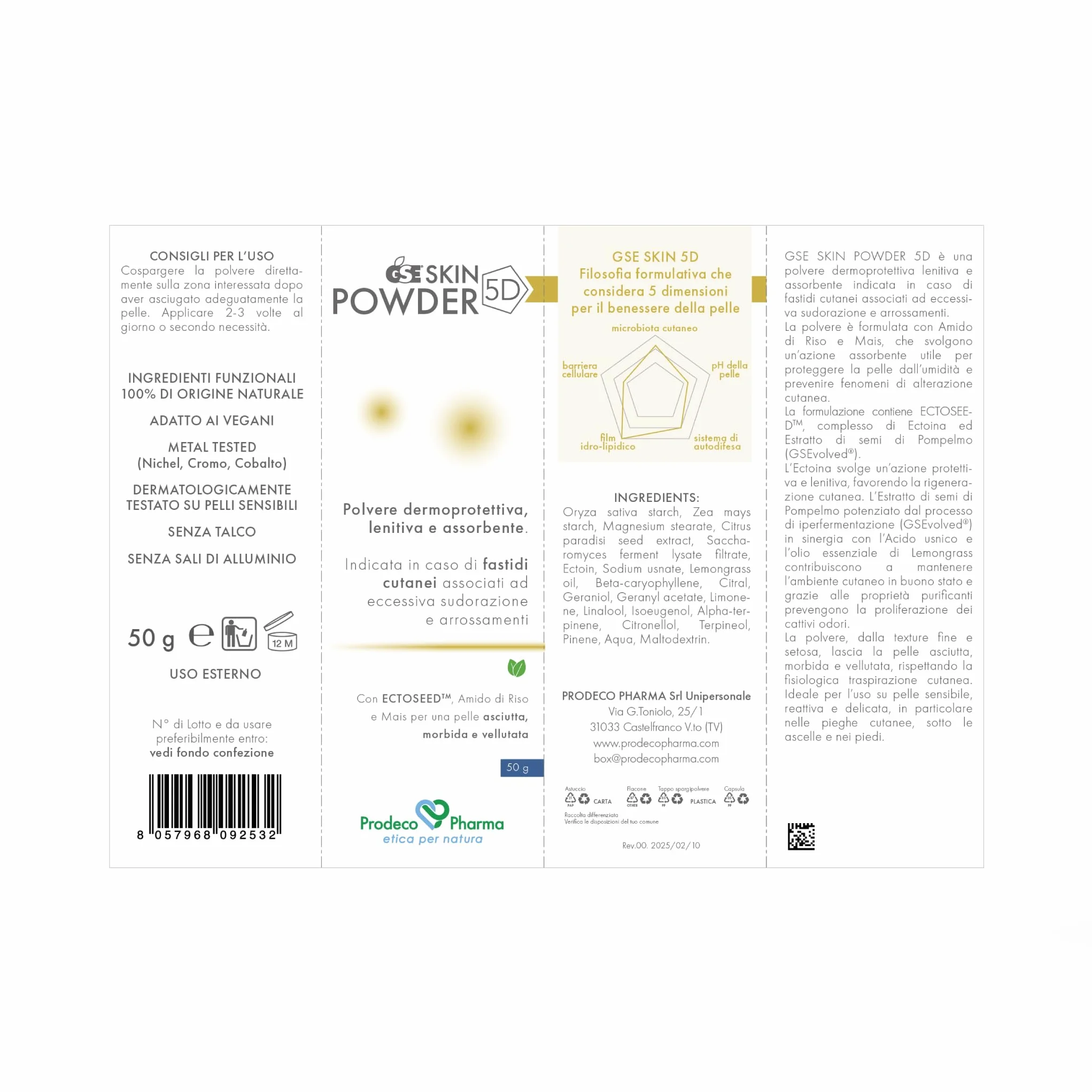 Prodeco Pharma GSE SKIN POWDER 5 D Polvere Dermatologica 50 g - Indicata per la Protezione della Pelle e Come Coadiuvante in Caso di Sudorazione Eccessiva, Pelle Umida e Cattivi Odori