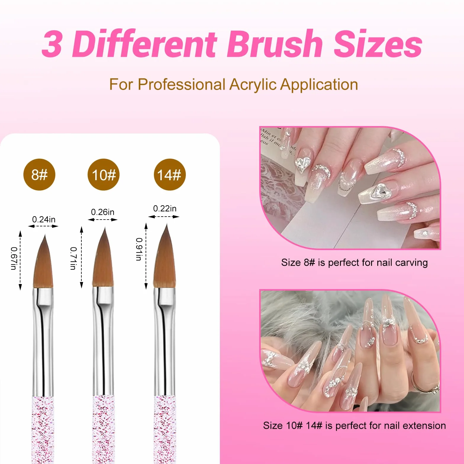 Set 3 Pennelli per Unghie Acrilico 8/10/14, Pennello Gel UV, Pennelli Nail Art Professionali, Set Decorazione Unghie per Acrilico e Gel, Kit Principianti, Regalo Donna, Uso Salone DIY