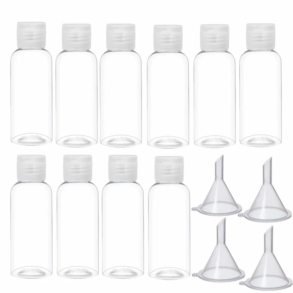Bottiglie di Viaggio 100 ml,10 flaconi liquidi da riempire con Viaggio Aereo con 4 Imbuti,ContenitoriContenitori di plastica trasparente, bottiglie per cosmetici per Shampoo Lozioni Liquide Creme