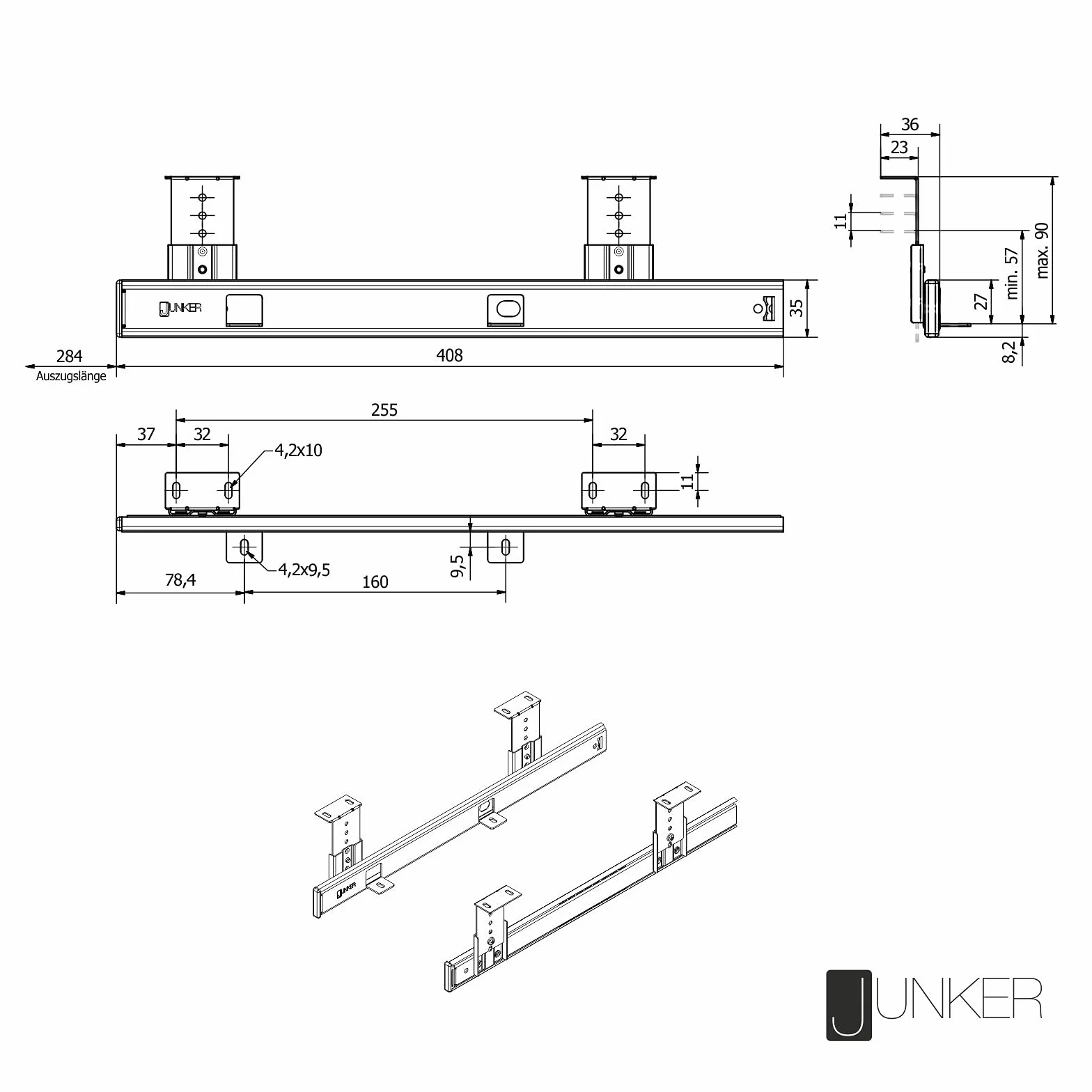 JUNKER KT1-30-H35-400-NF Estensione tastiera 400 mm nero regolabile in altezza 30 kg