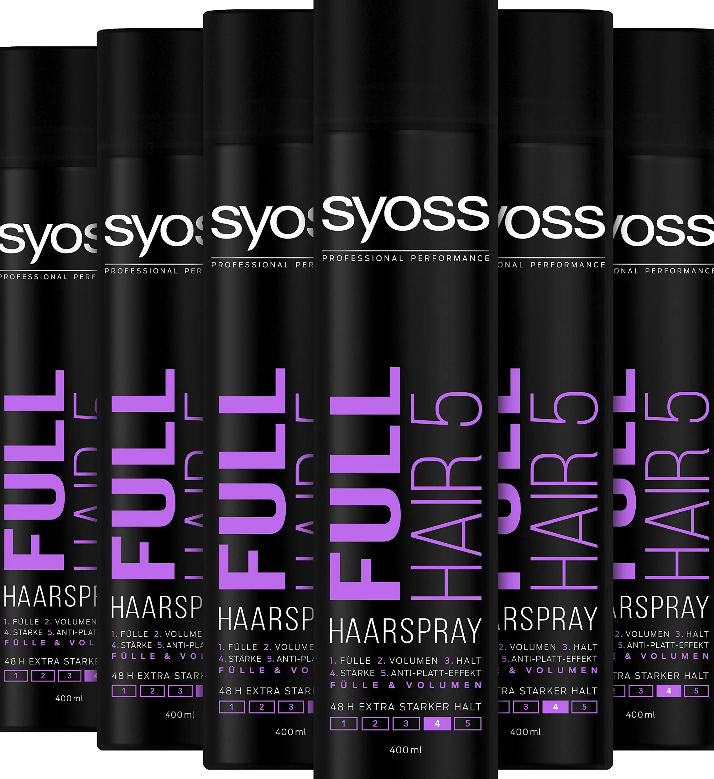 Syoss Spray per capelli Full Hair 5 grado di tenuta 4 (6 x 400 ml), spray extra forte per una pienezza visibile e un effetto di ispessimento dei capelli, volume spray dona una tenuta fino a 48 ore