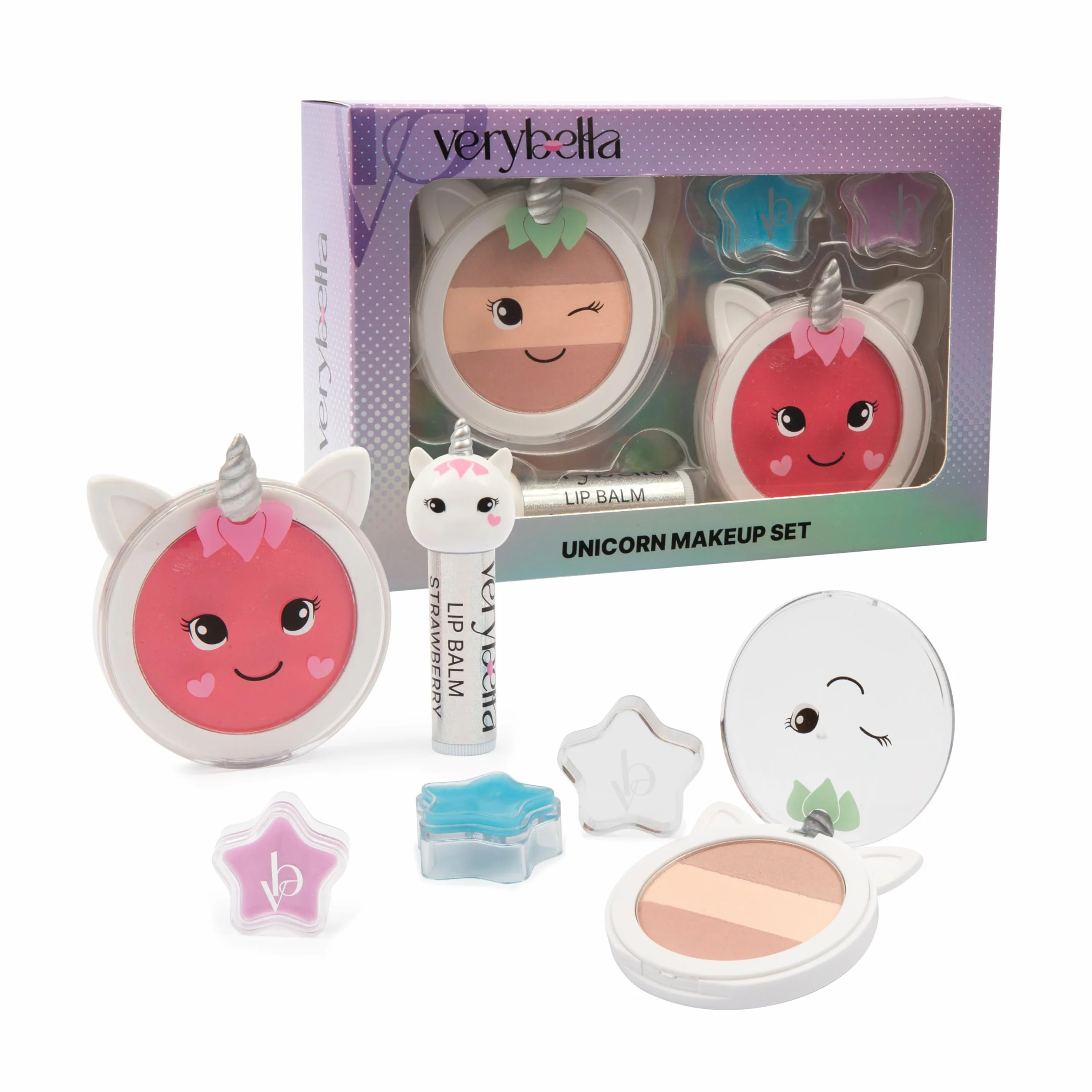 Set Make Up Tema Unicorno - 1 Blush - 1 Ombretto Toni Caldi - 1 Lip Balm Gusto Fragola - 2 Burrocacao Glitterati - Balsamo Labbra Nutre E Protegge