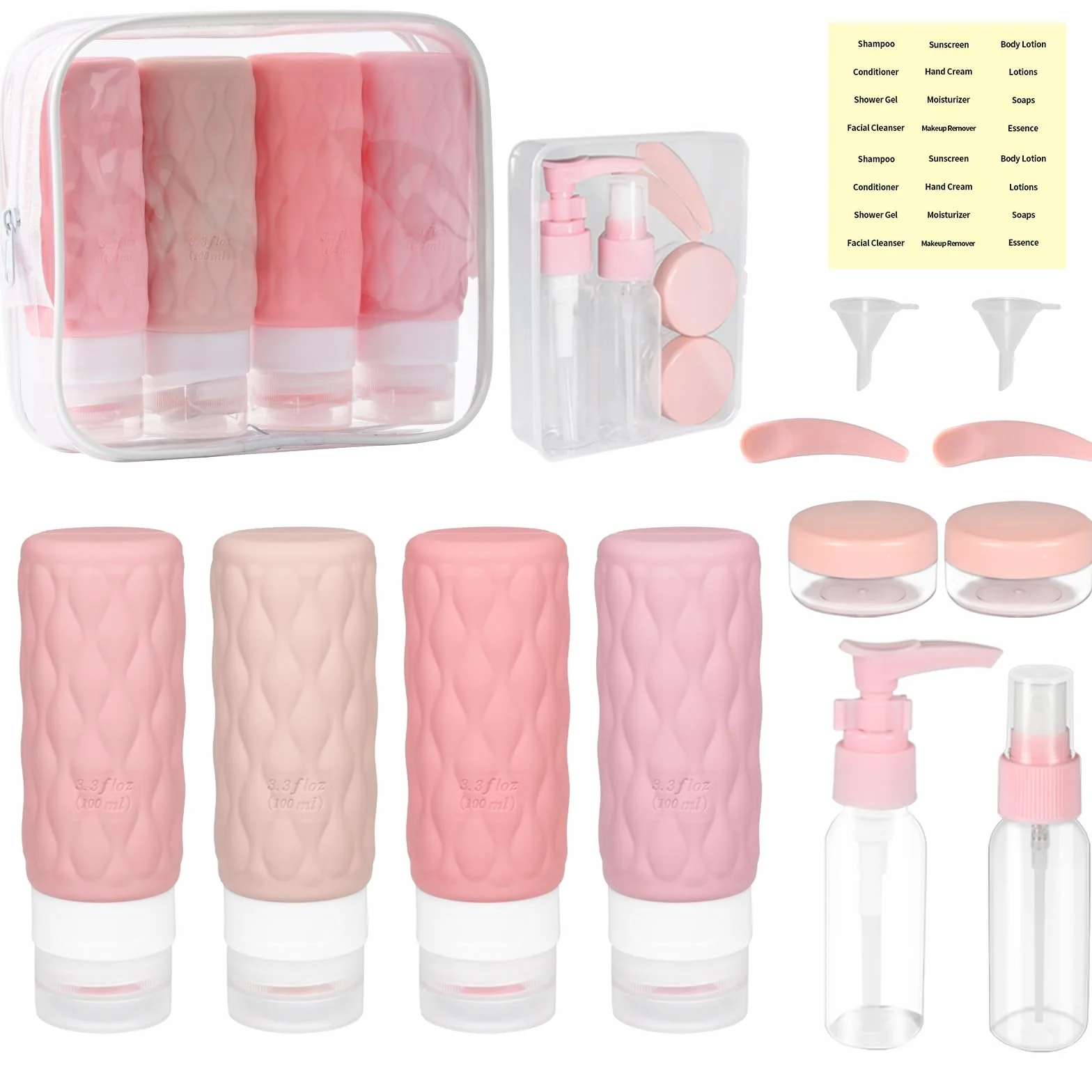 8 Pezzi Set Contenitori da Viaggio per Liquidi 100 ml, Ricaricabili Bottiglie da Viaggio in Silicone, Flaconi da Viaggio senza BPA, Boccette per Bagno, Kit Aereo per Shampoo, Crema, Lozione
