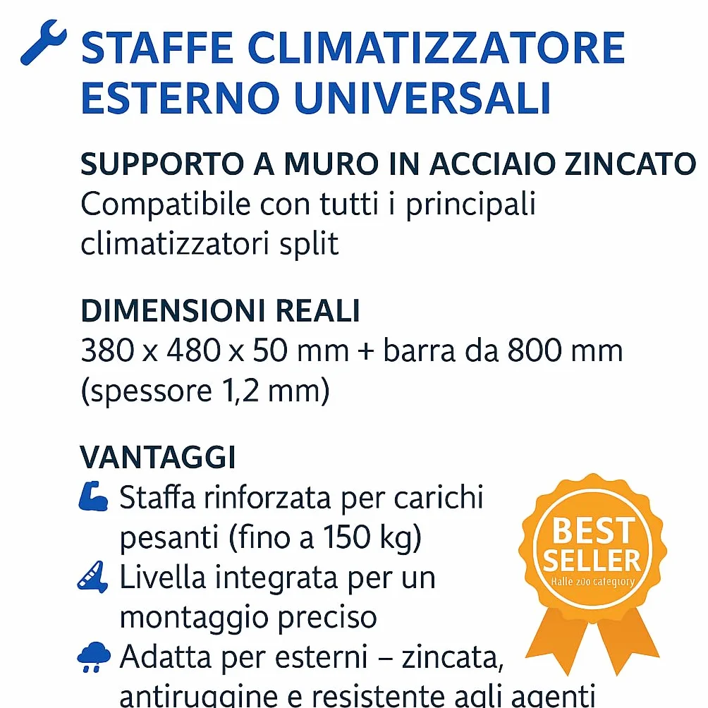 Bratek Staffa Universale per Condizionatore Split Zincata Bianca con Livella 150 kg Regolabile 24000 Btu