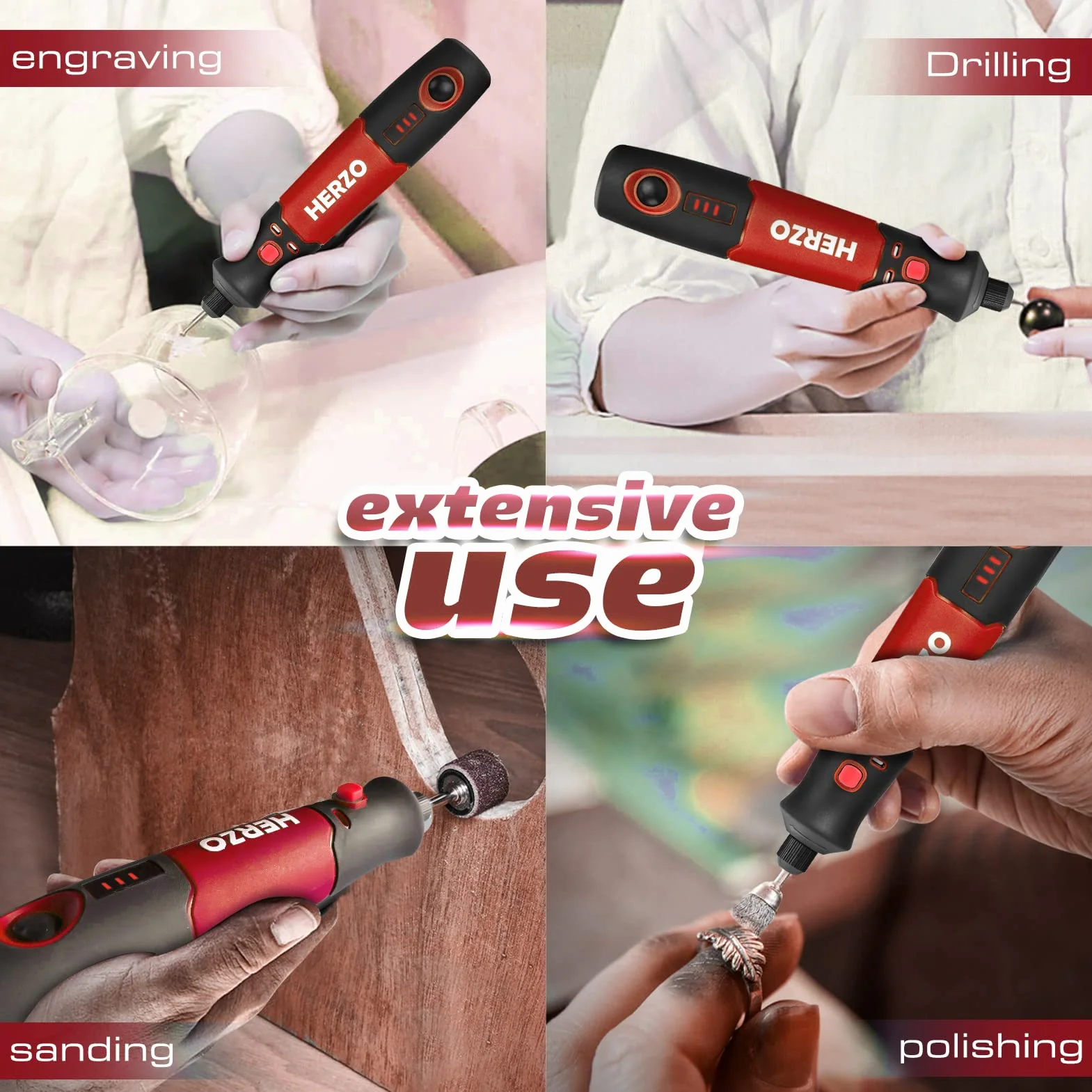 HERZO Strumento Multifunzione Senza Fili, mini trapano elettrico rotativo USB Ricaricabile 32 Accessori 3 Velocità Variabile 5000-15000RPM