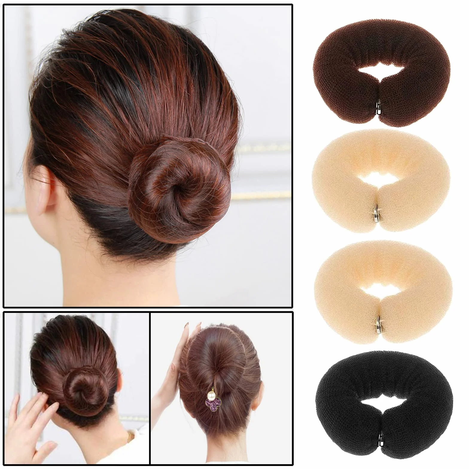 Srup 4 Pezzi Ciambelle per Capell, Beige Chignon a Ciambella, Acconciature Ciambella Chignon, Chignon a Ciambella, Creatore per Pane Ciambella, per bambini, ragazze, donne (Nero, marrone, beige)