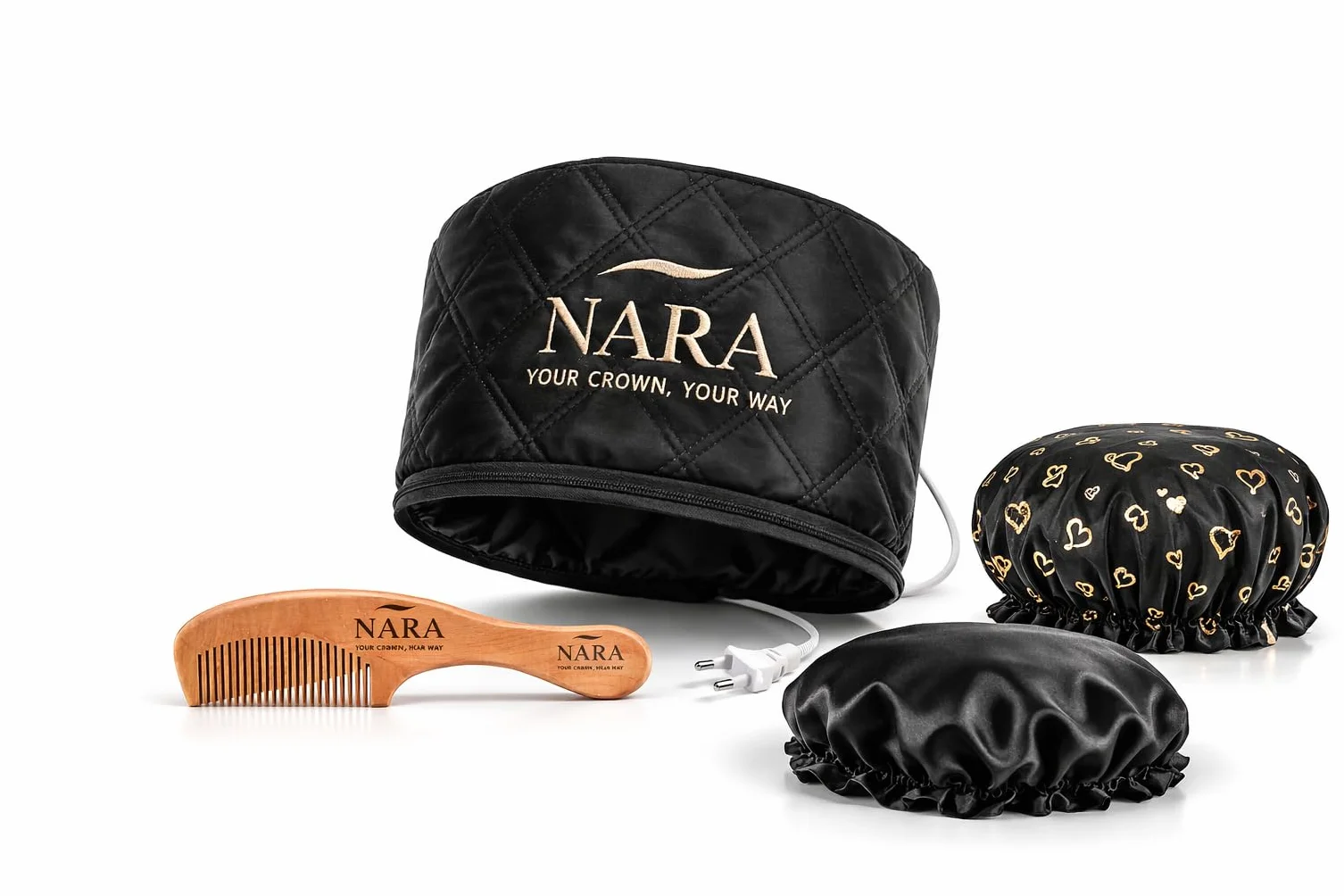 NARA - Casco riscaldante per capelli, cura profonda e idratazione, temperatura regolabile LCD, confezione completa: cuffia riscaldata + cuffia da notte + cuffia da doccia + pettine per maschere, oli