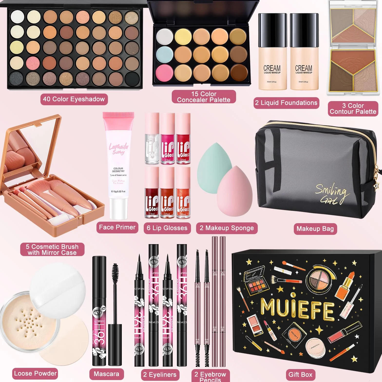Set Trucchi Donna, Kit Make Up Completo, Tutto in Uno Trousse Trucchi Ragazza con Palette Ombretto Paletta Correttivi Contouring Fondotinta Mascara Gloss Labbra Liner Occhi Matite Ssopracciglia