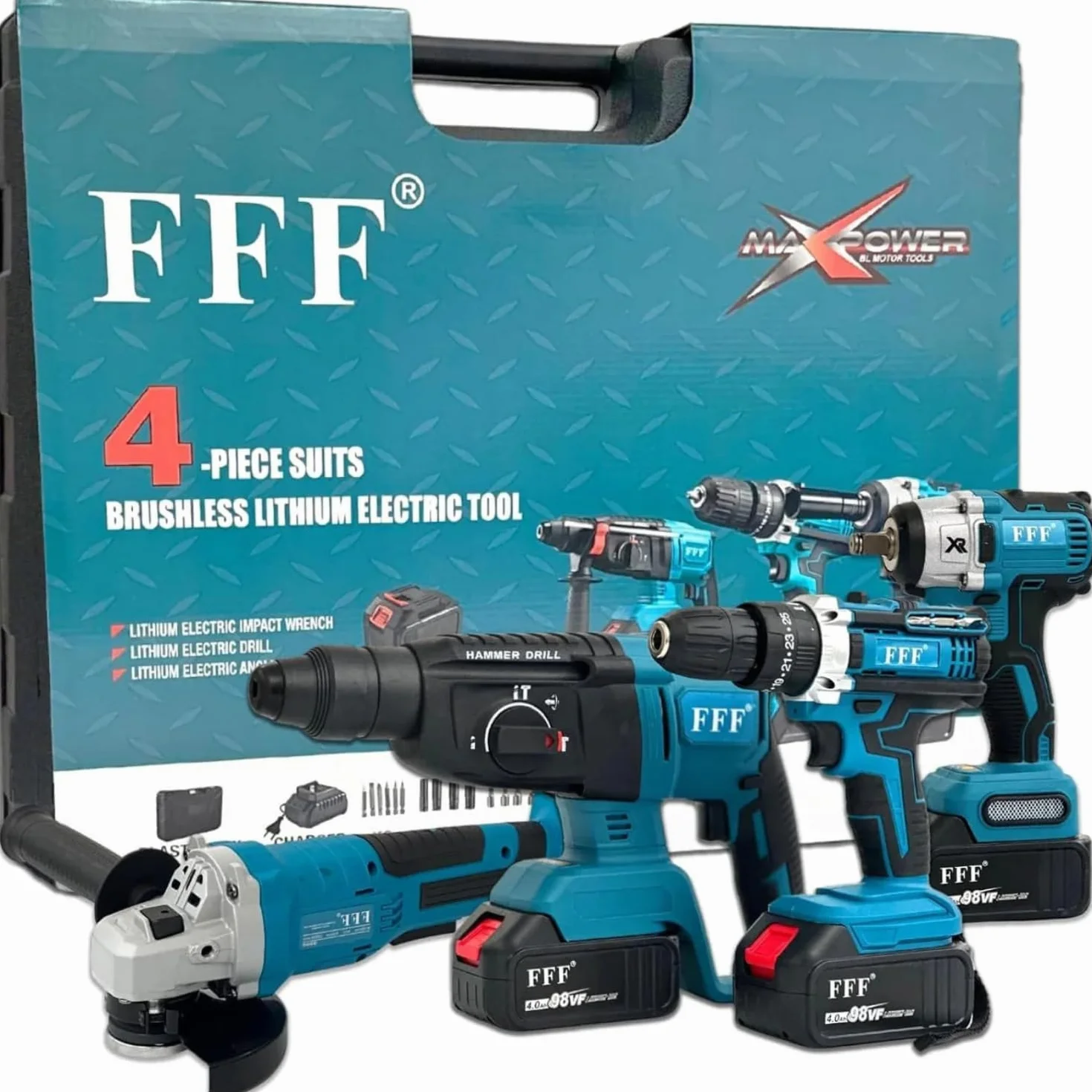 Kit Attrezzi a Batteria 4 in 1: Trapano Avvitatore a Percussione, Smerigliatrice Angolare, Trapano a Martello, Avvitatore a Impulsi + 2 Batterie 68V