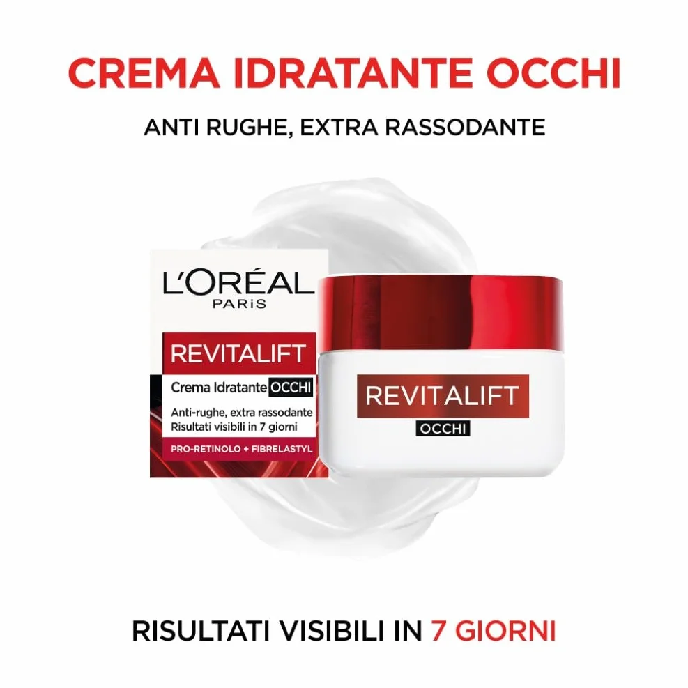 L'Oréal Paris Crema Idratante Contorno Occhi, Per Tutti i Tipi di Pelle, Azione Rassodante, Contorno Occhi Levigato e Riposato, Arricchita Con Pro-Retinolo e Fibrelastyl, 15 ml