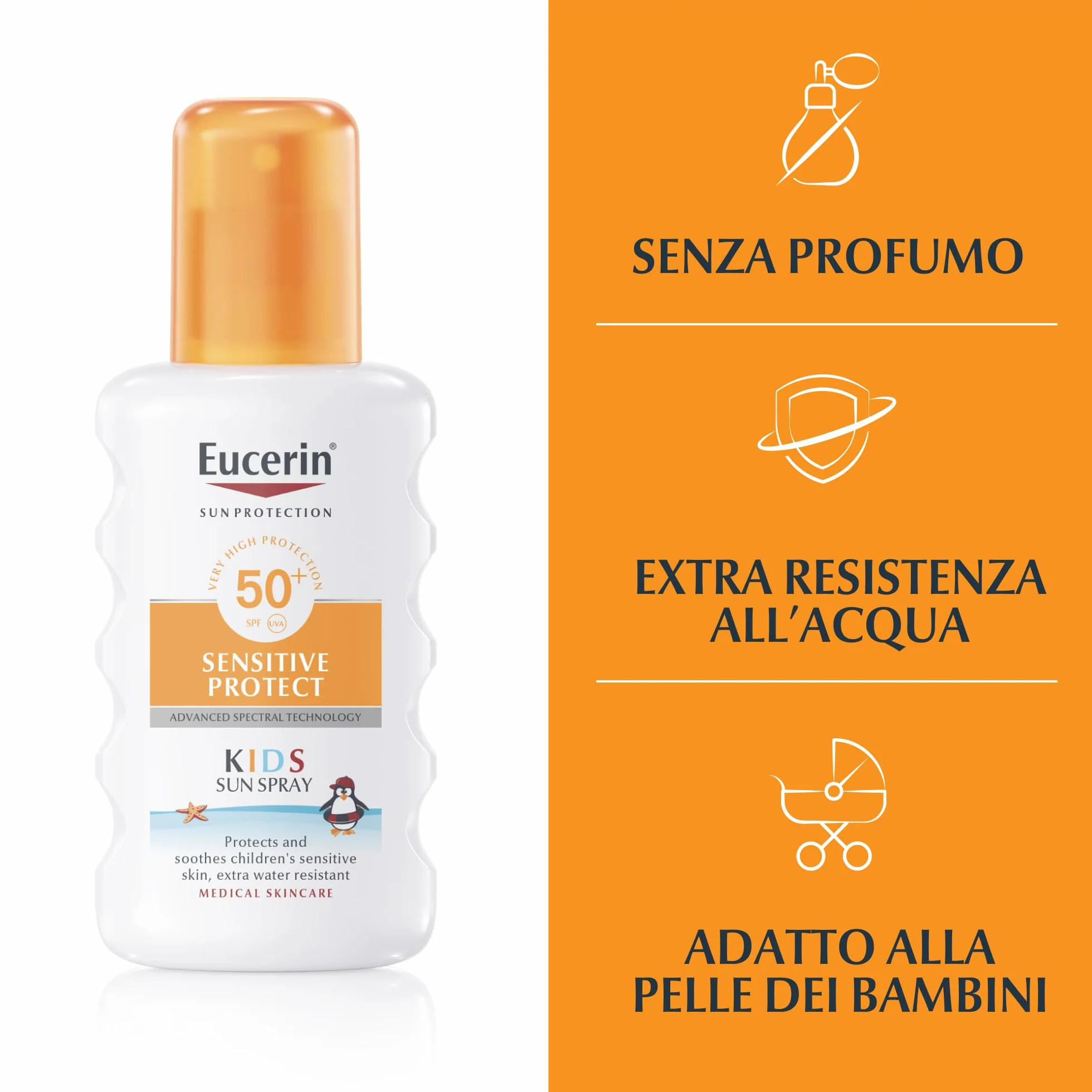 Eucerin Sensitive Protect Kids Trigger Spray SPF 50+ 200 ml, Crema solare 50+ bambini con filtri UV, Protezione solare 50+ bambini spray resistente all'acqua e adatta per pelle sensibile