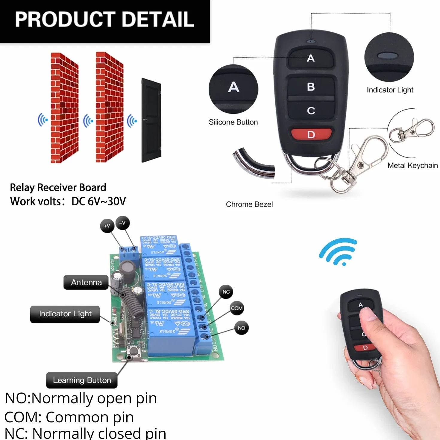 DieseRC 4CH Interruttore di controllo remoto wireless DC 12V 24V 10A Ricevitore relè 433Mhz 2 trasmettitori RF
