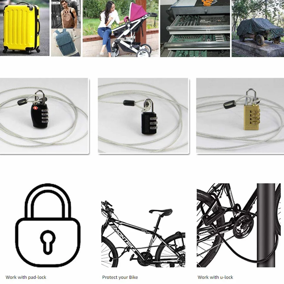 Cavo sicurezza bloccaggio flessibile acciaio intrecciato doppio anello toroidale bicicletta rivestito vinile