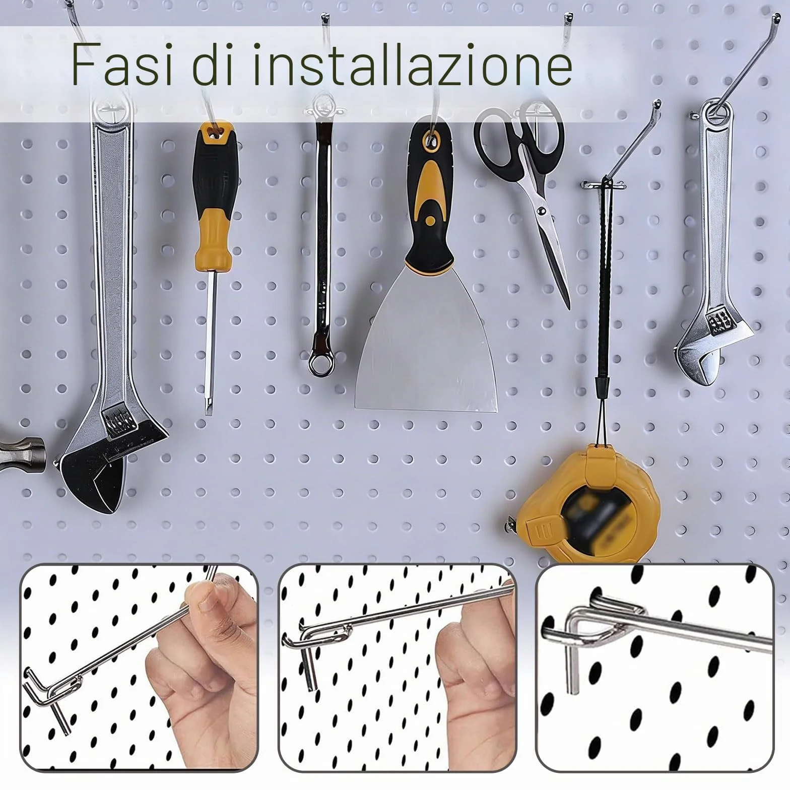 Ganci Pegboard Metallici 60 Pezzi, Supporto Utensili 3cm, Diametro 3mm per Scaffali e Officine