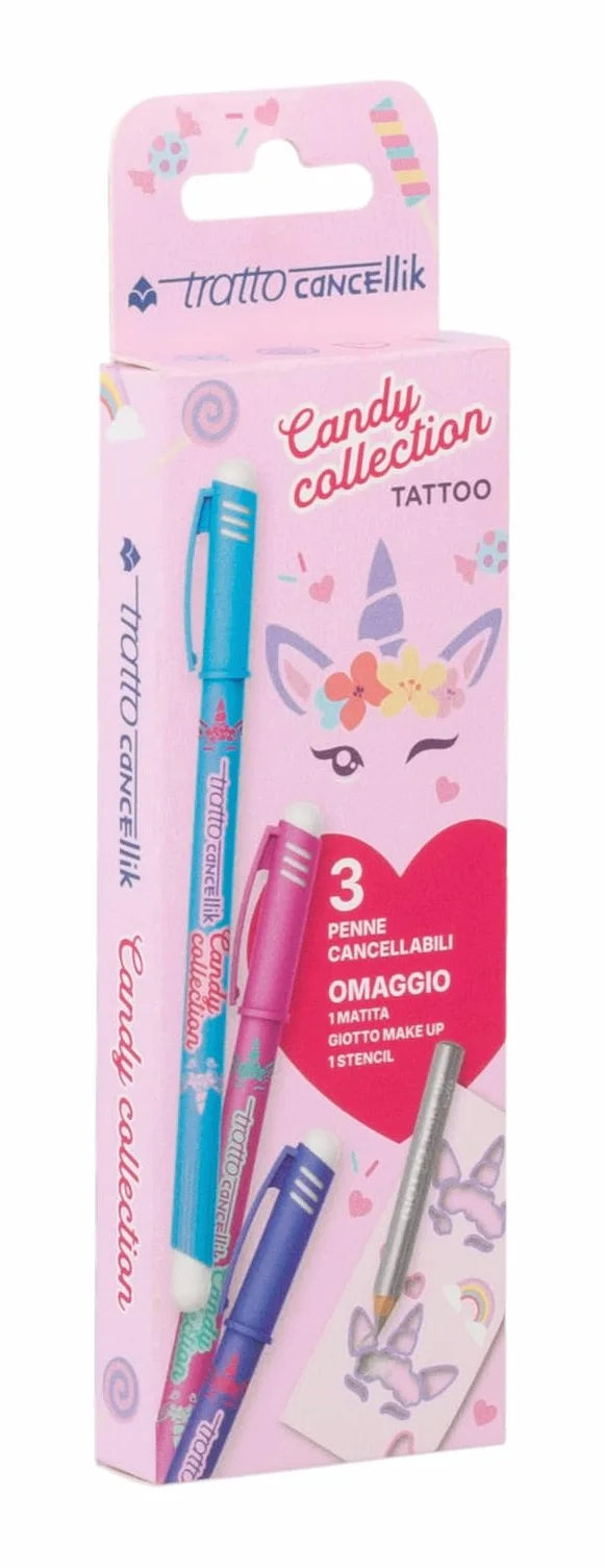TRATTO Cancellik Candy Collection TATTOO - 3 penne cancellabili + 1 matita make up + Stencil tattoo