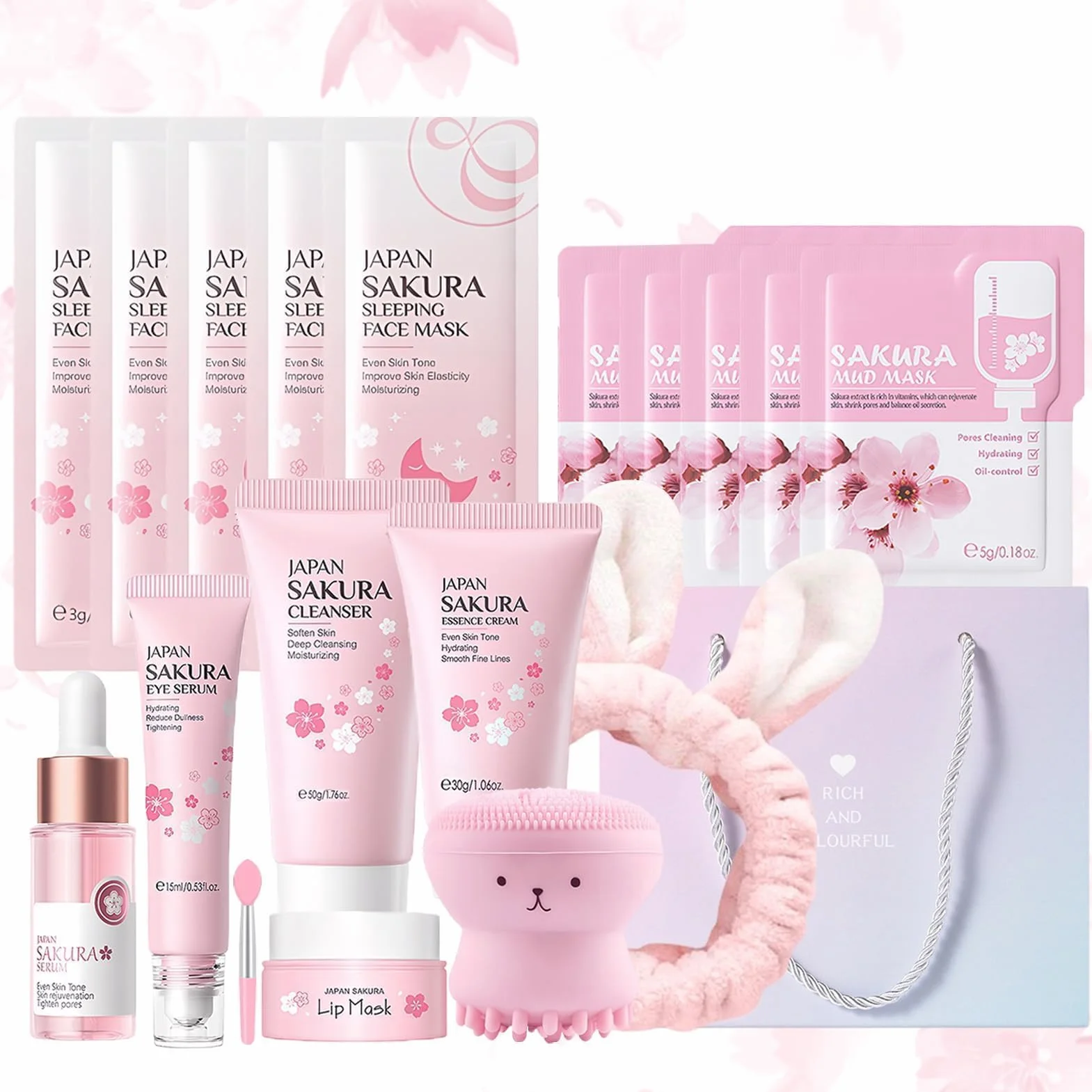 Kit per la Cura della Pelle Sakura 18 Pezzi,Include Detergente,Crema, Siero,Siero per gli occhi,Maschera di fango,Maschera per dormire, Accessori,Set Skincare Viso Completo per Ragazze e Donne