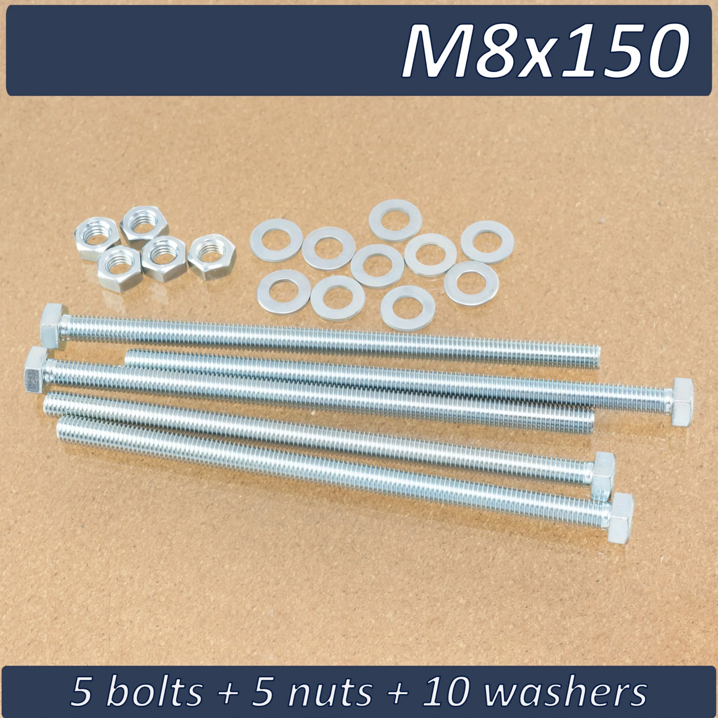 AERZETIX Set bulloni M8x150 mm testa esagonale 5 pezzi + rondelle M8x16 mm + dadi esagonali M8